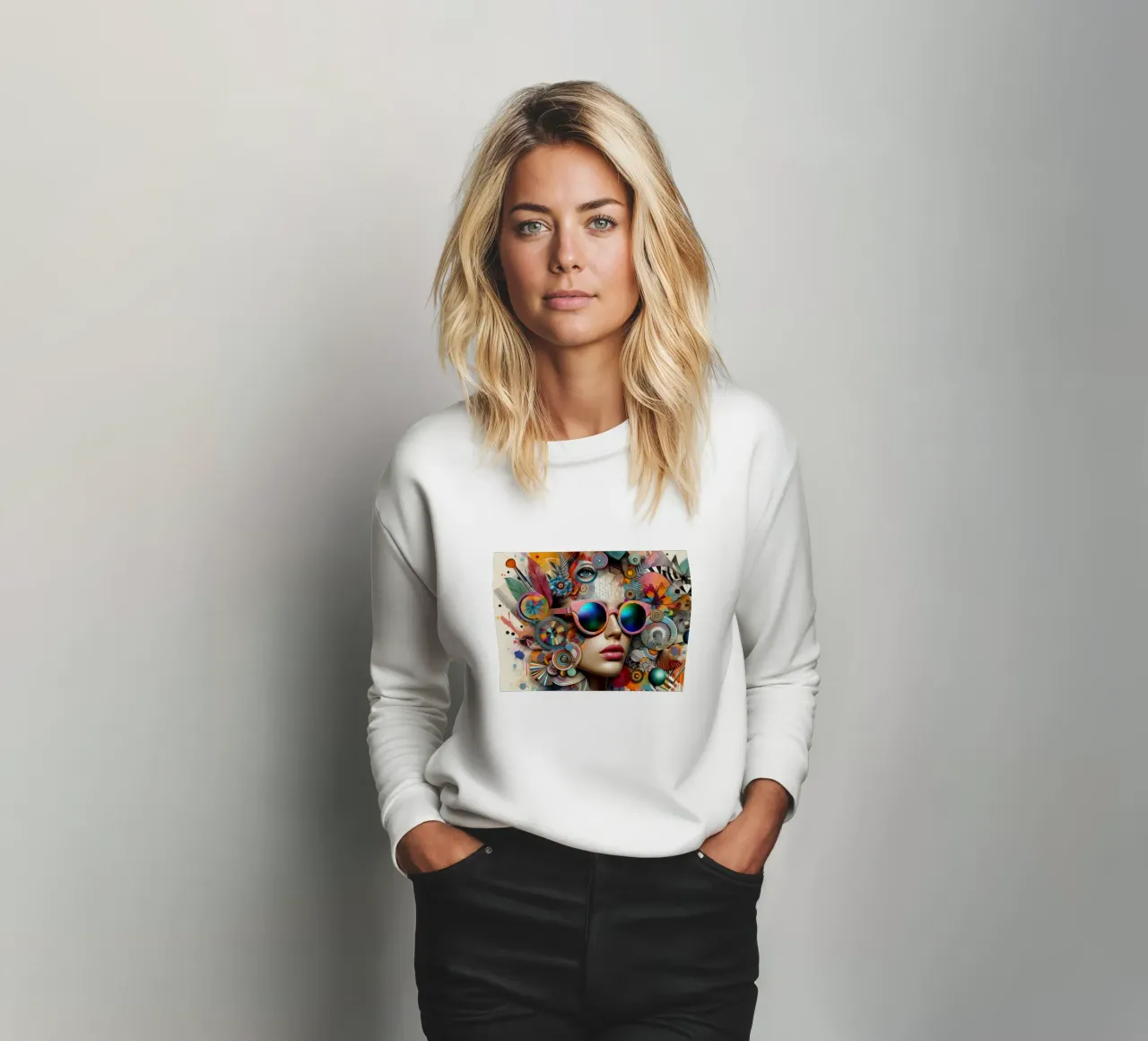 Donna astratta con occhiali da sole e ornamenti felpa da ARTVI-SHOP