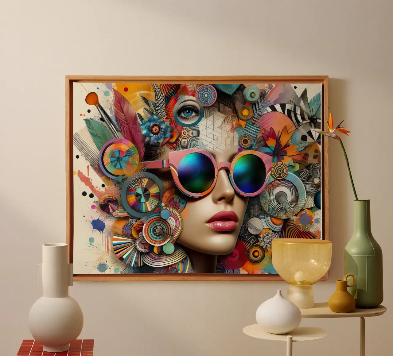 Abstracte vrouw met zonnebril en ornamenten canvas met Baklijst van 🎁 ARTVI-SHOP