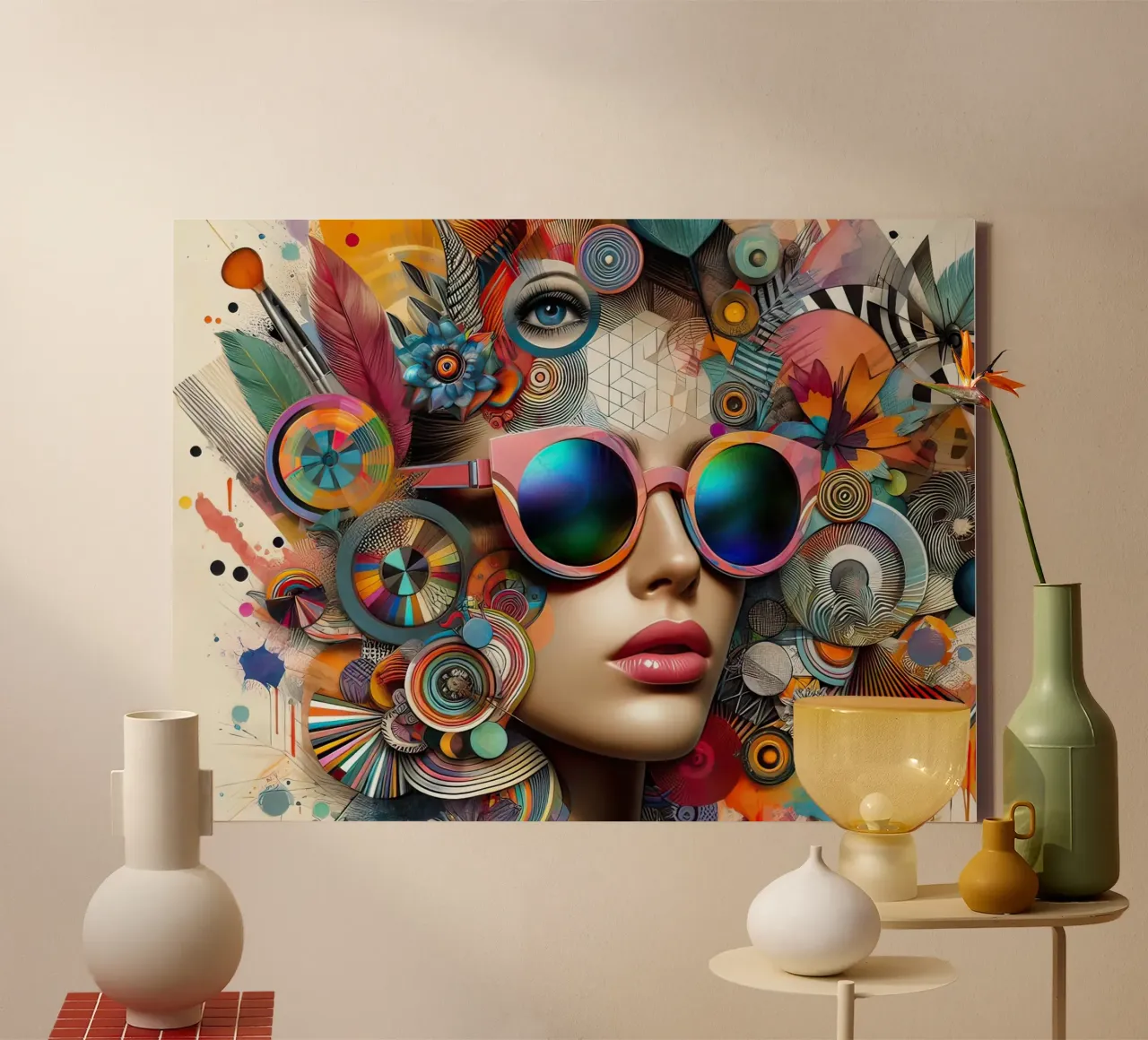Abstracte vrouw met zonnebril en ornamenten canvas met Baklijst van 🎁 ARTVI-SHOP