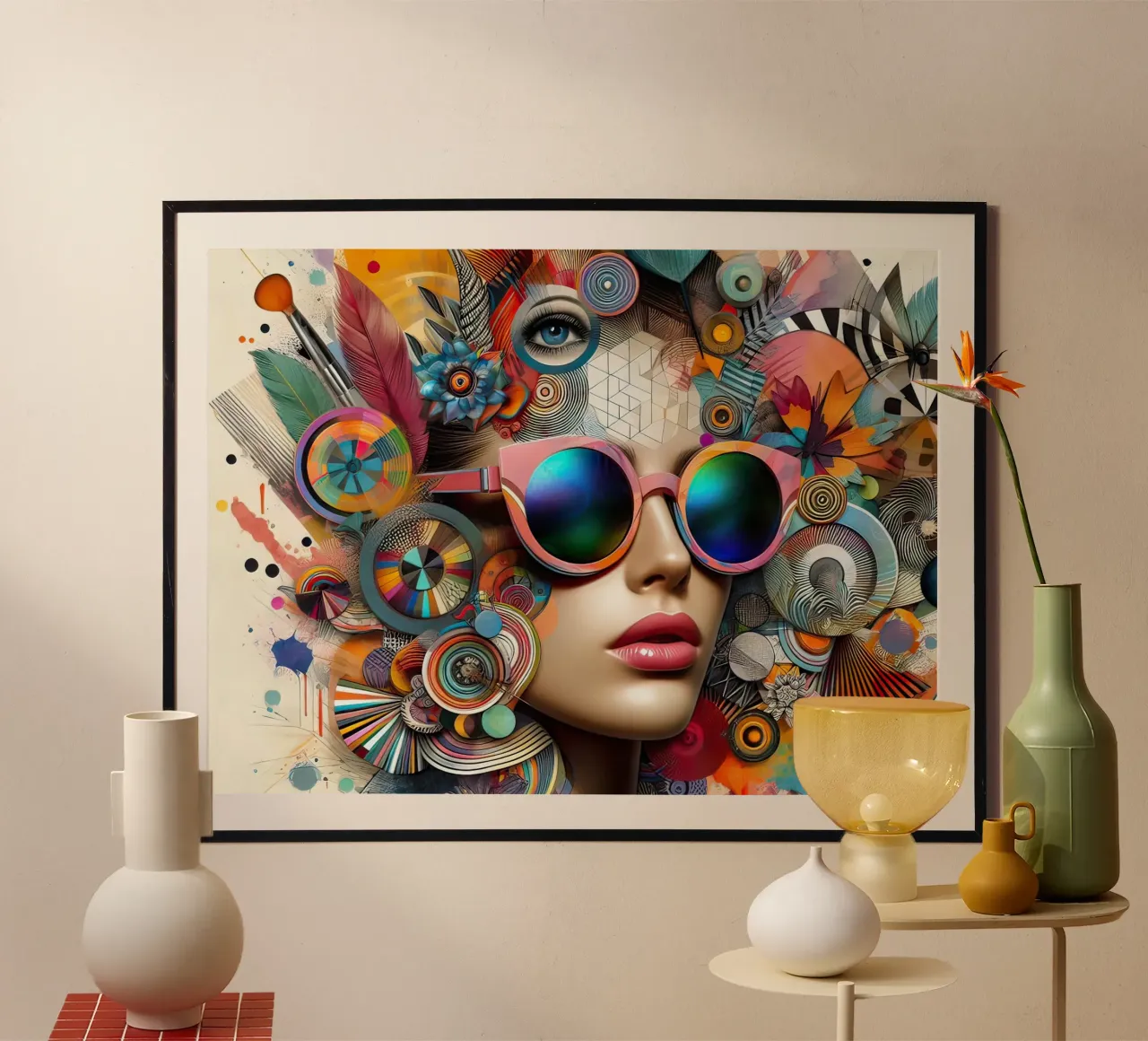 Mujer abstracta con gafas de sol y adornos poster de 🎁 ARTVI-SHOP