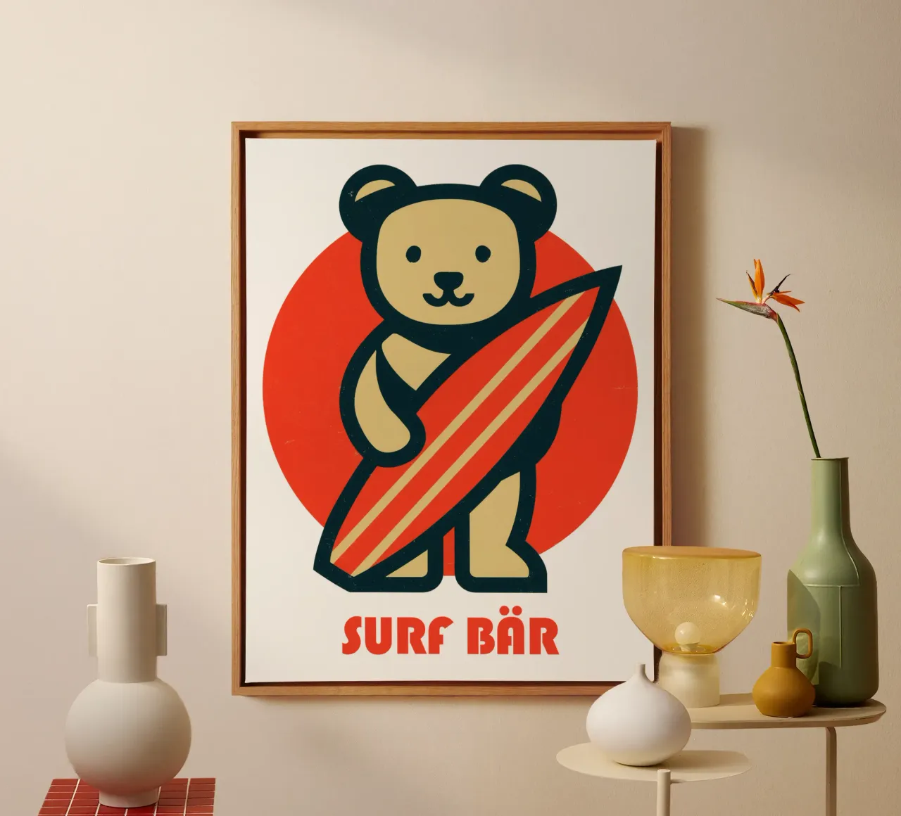 Retro surf bear with surfboard in front of sunset canvas with Floater frame by Autofocus