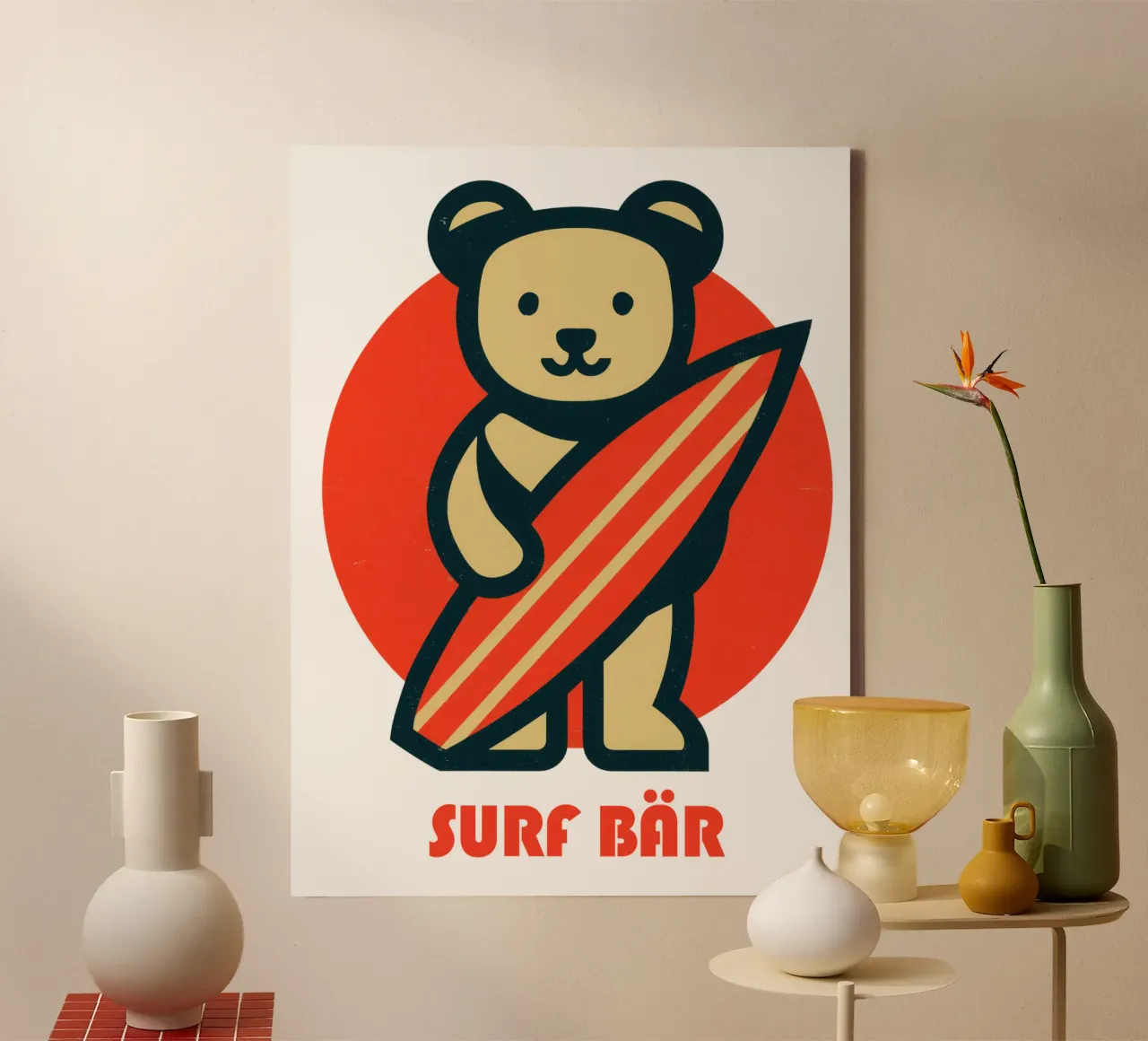 Retro surf bear with surfboard in front of sunset canvas with Floater frame by Autofocus