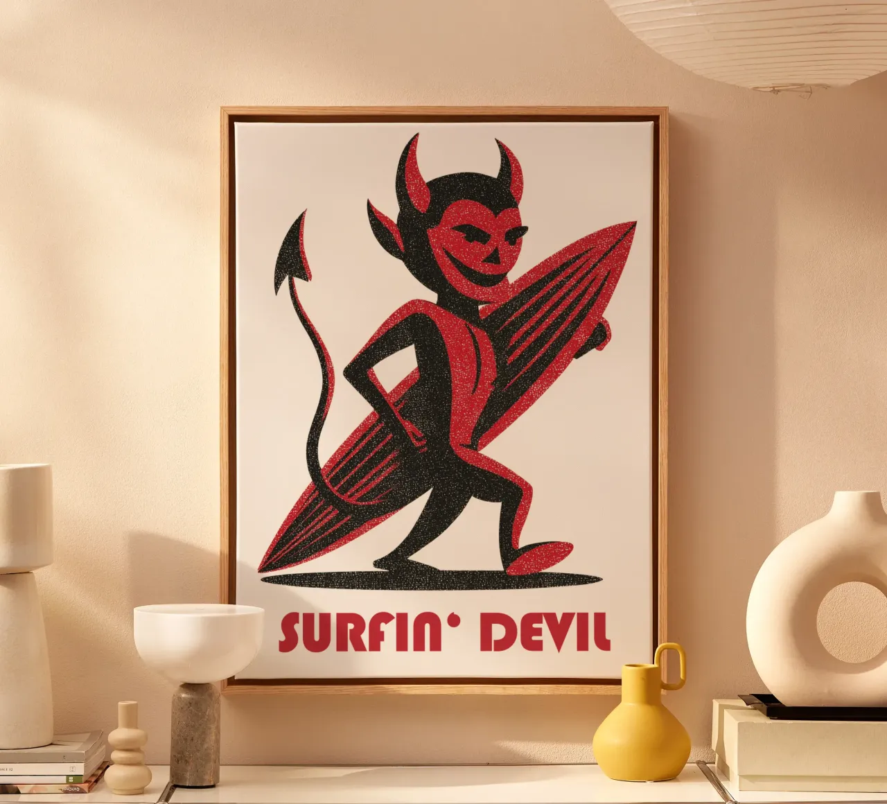 Surfing retro devil | Hellishly casual shirt motif canvas with Floater frame by Autofocus