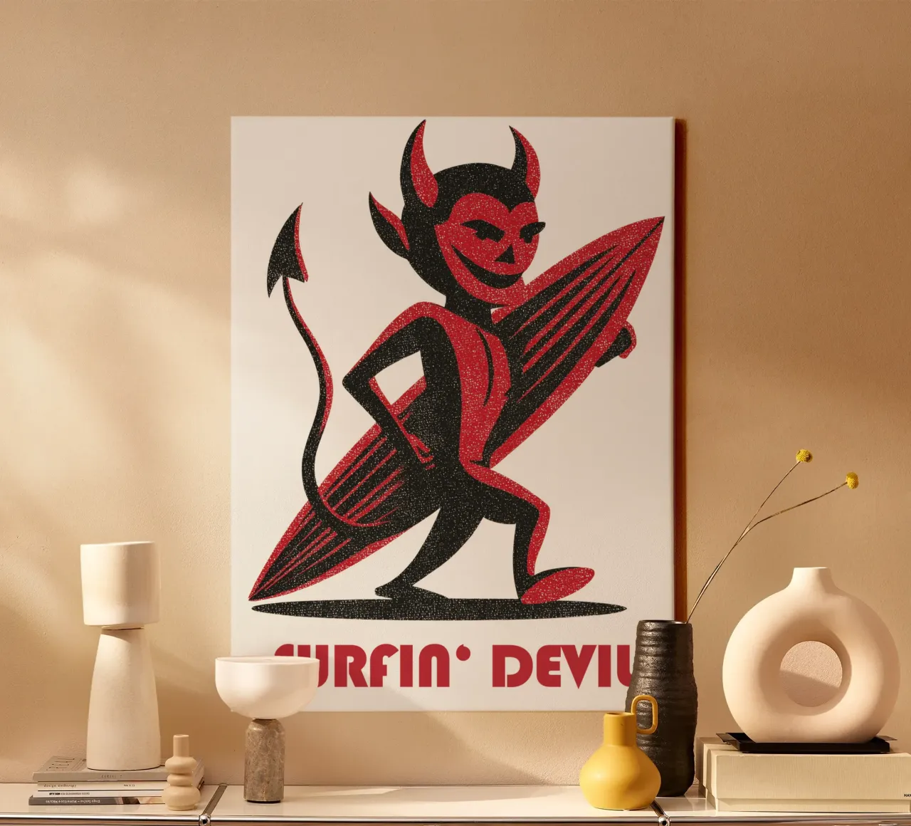 Surfing retro devil | Hellishly casual shirt motif canvas with Floater frame by Autofocus