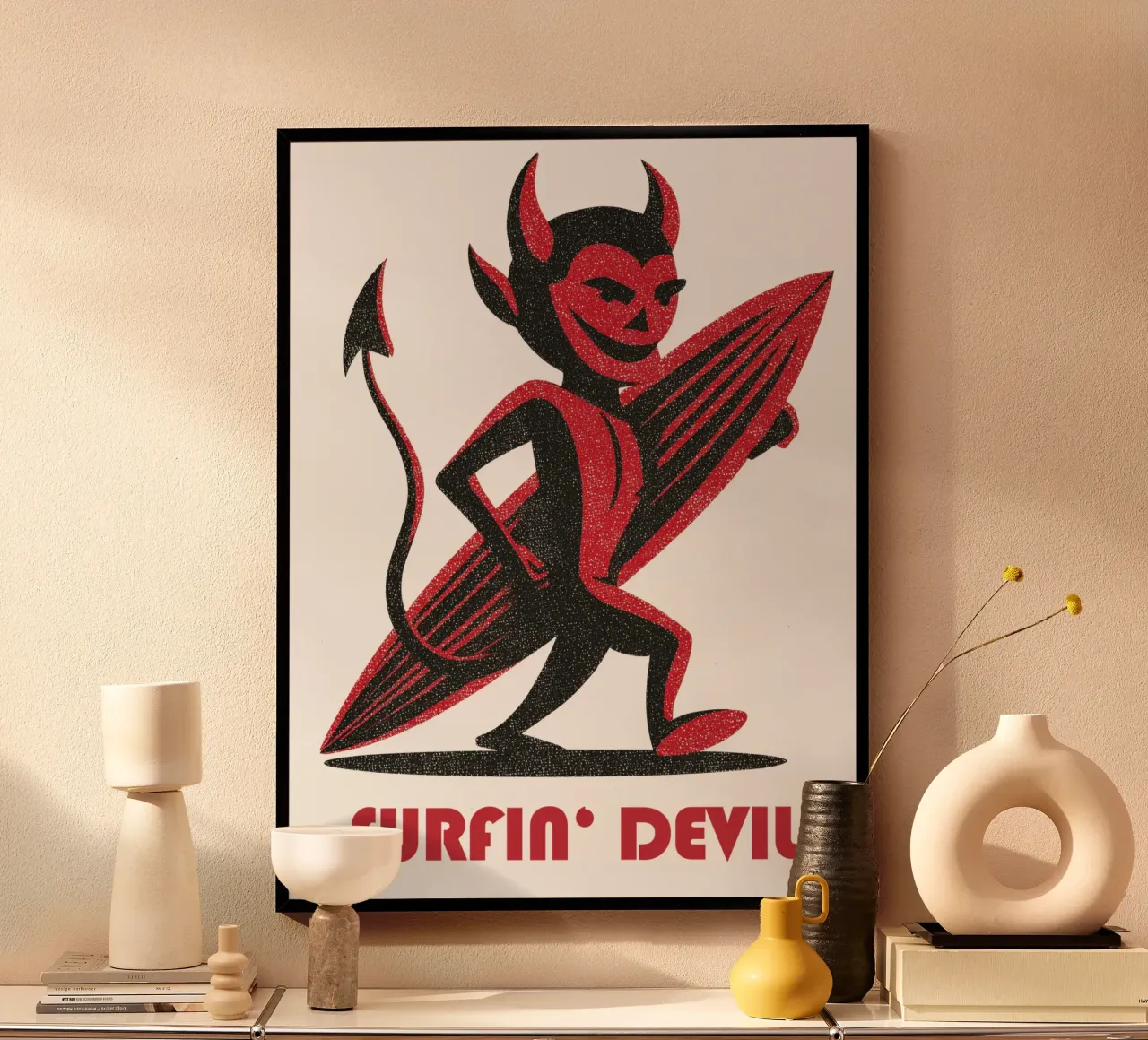 Diavolo retrò che fa surf | Motivo della camicia infernale e casual poster con telaio in alluminio da Autofocus