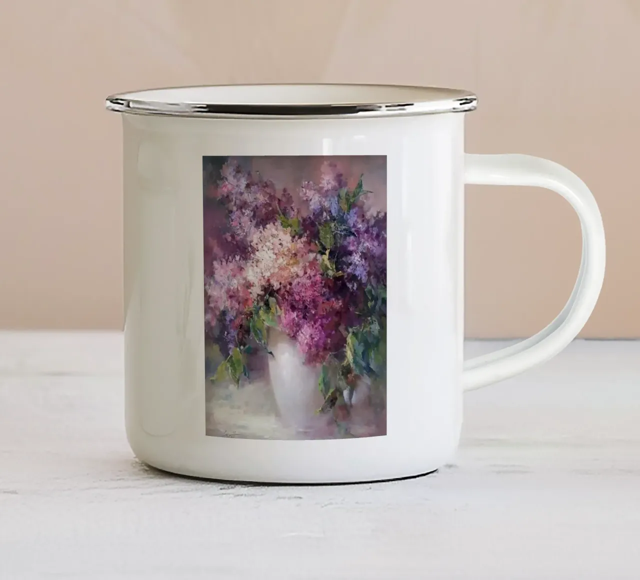 fiori lillà ambientazione interna claude monet tazza in smalto da belong shop