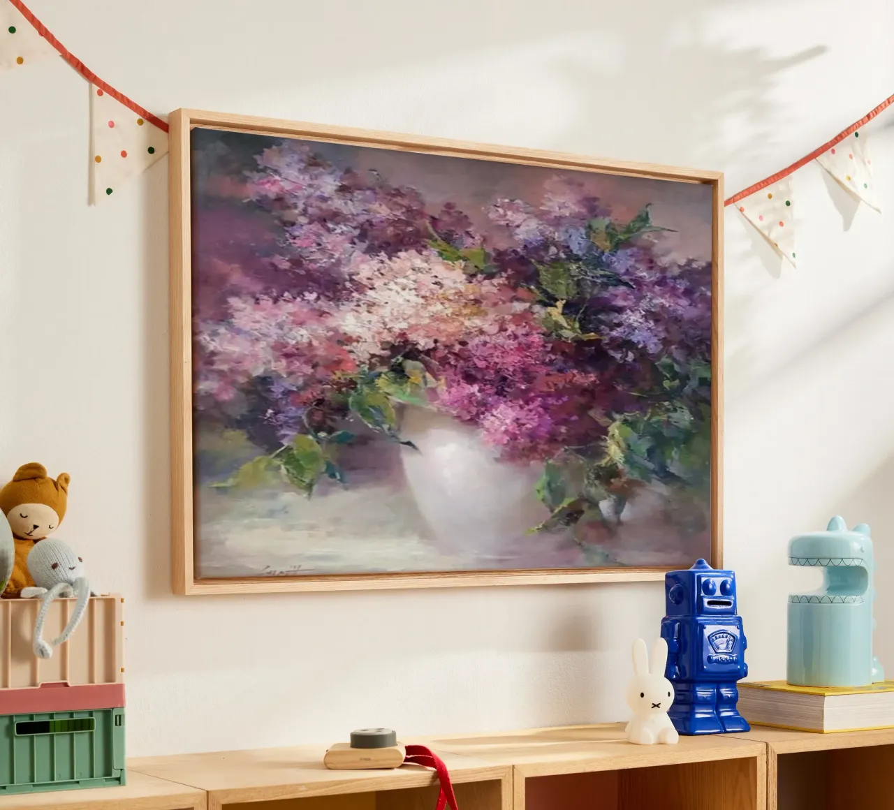 flowers lilacs indoor setting claude monet canvas with Floater frame by belong shop