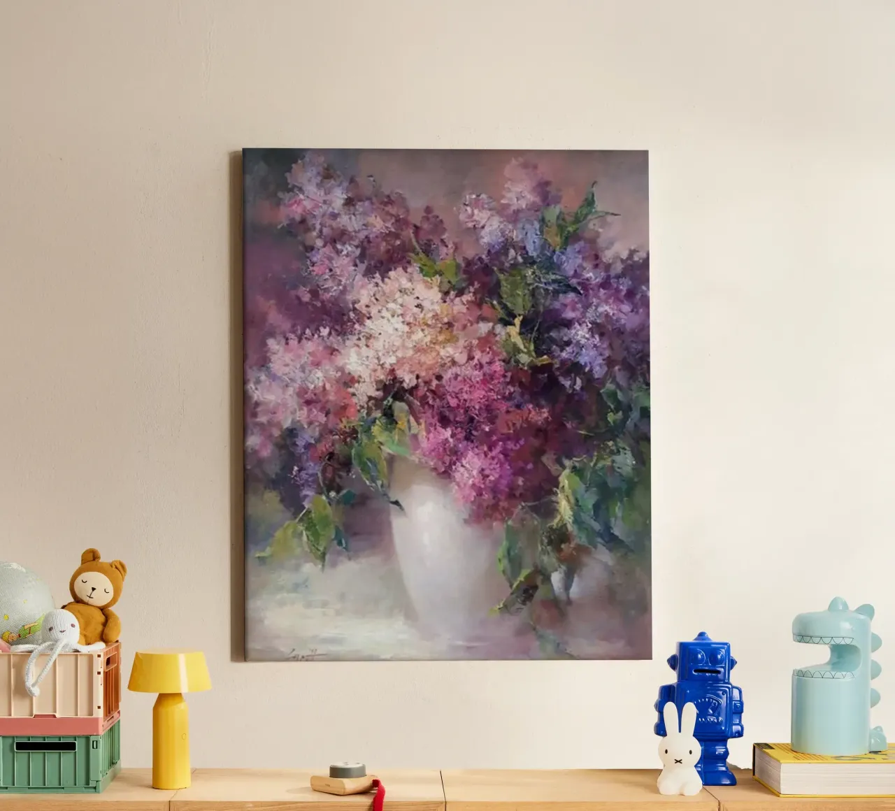 flowers lilacs indoor setting claude monet canvas with Floater frame by belong shop