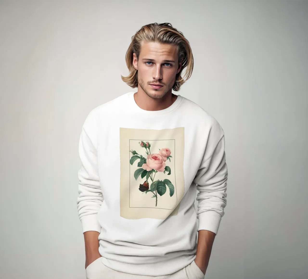 Pierre-Joseph Redouté Rose rosa con farfalla Stampa d'arte felpa da ClubArt