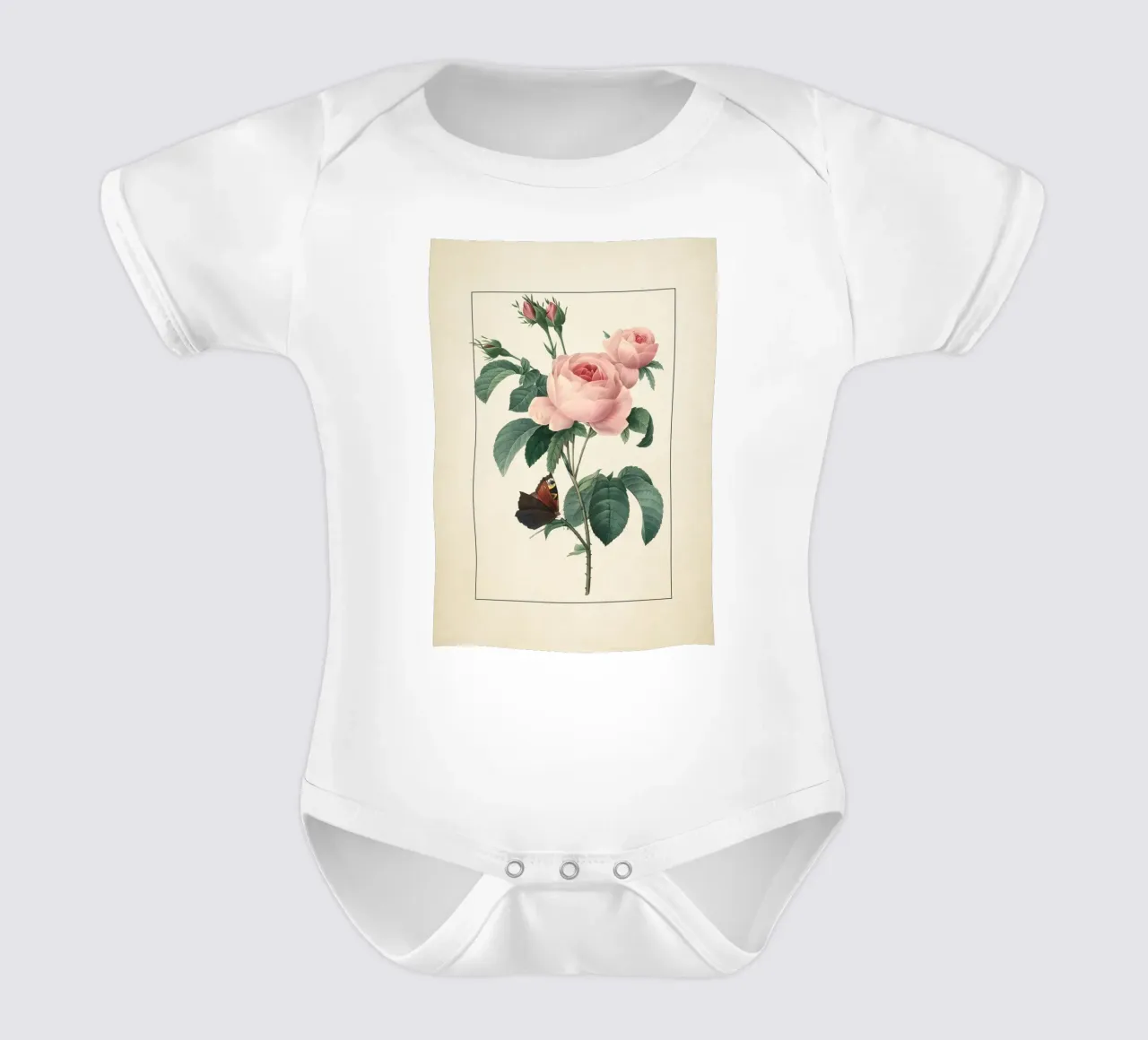 Pierre-Joseph Redouté Rose rosa con farfalla Stampa d'arte body neonato maniche corte da ClubArt