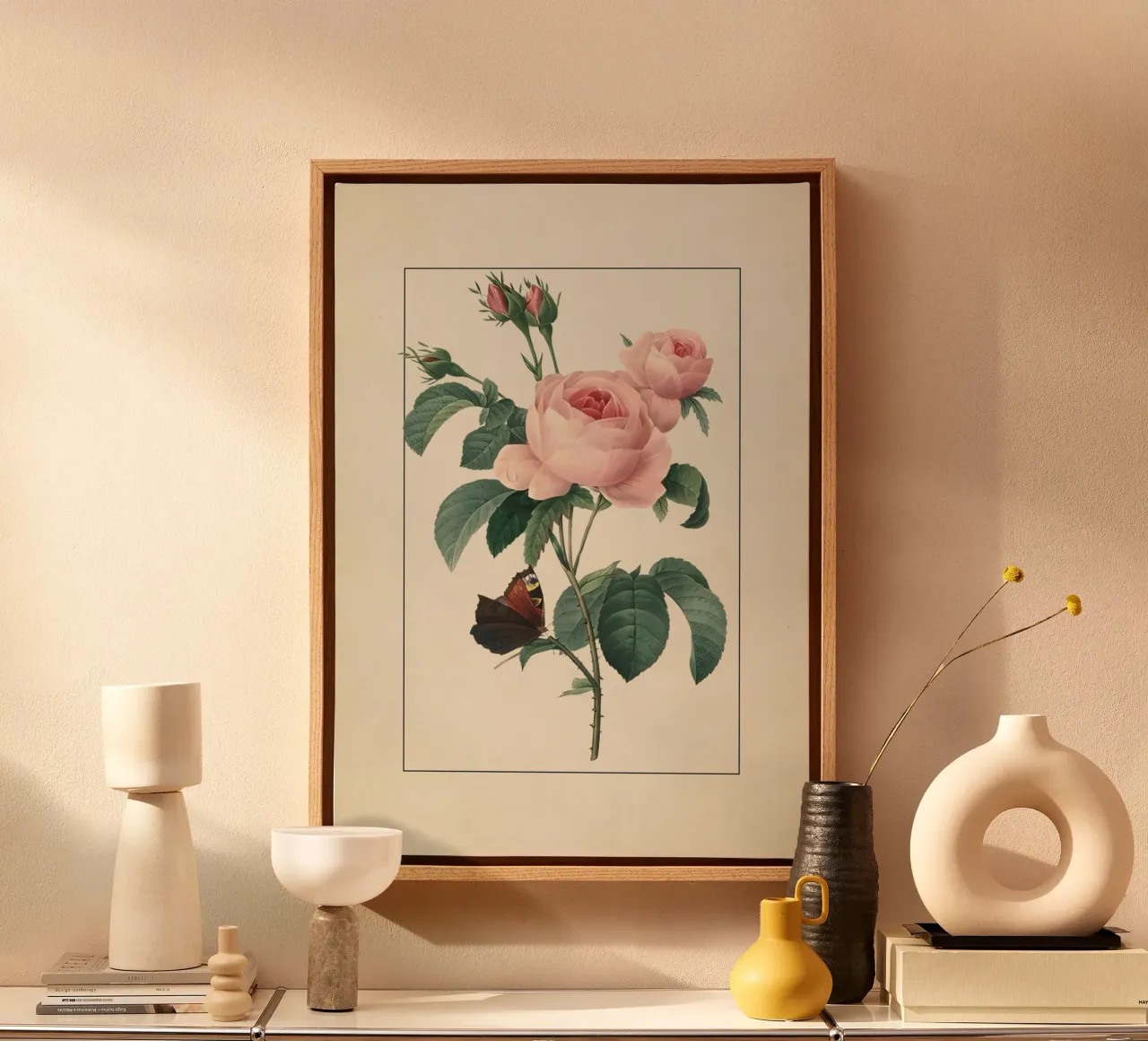 Pierre-Joseph Redouté Rose rosa con farfalla Stampa d'arte tela con Cornice a cassetta da ClubArt