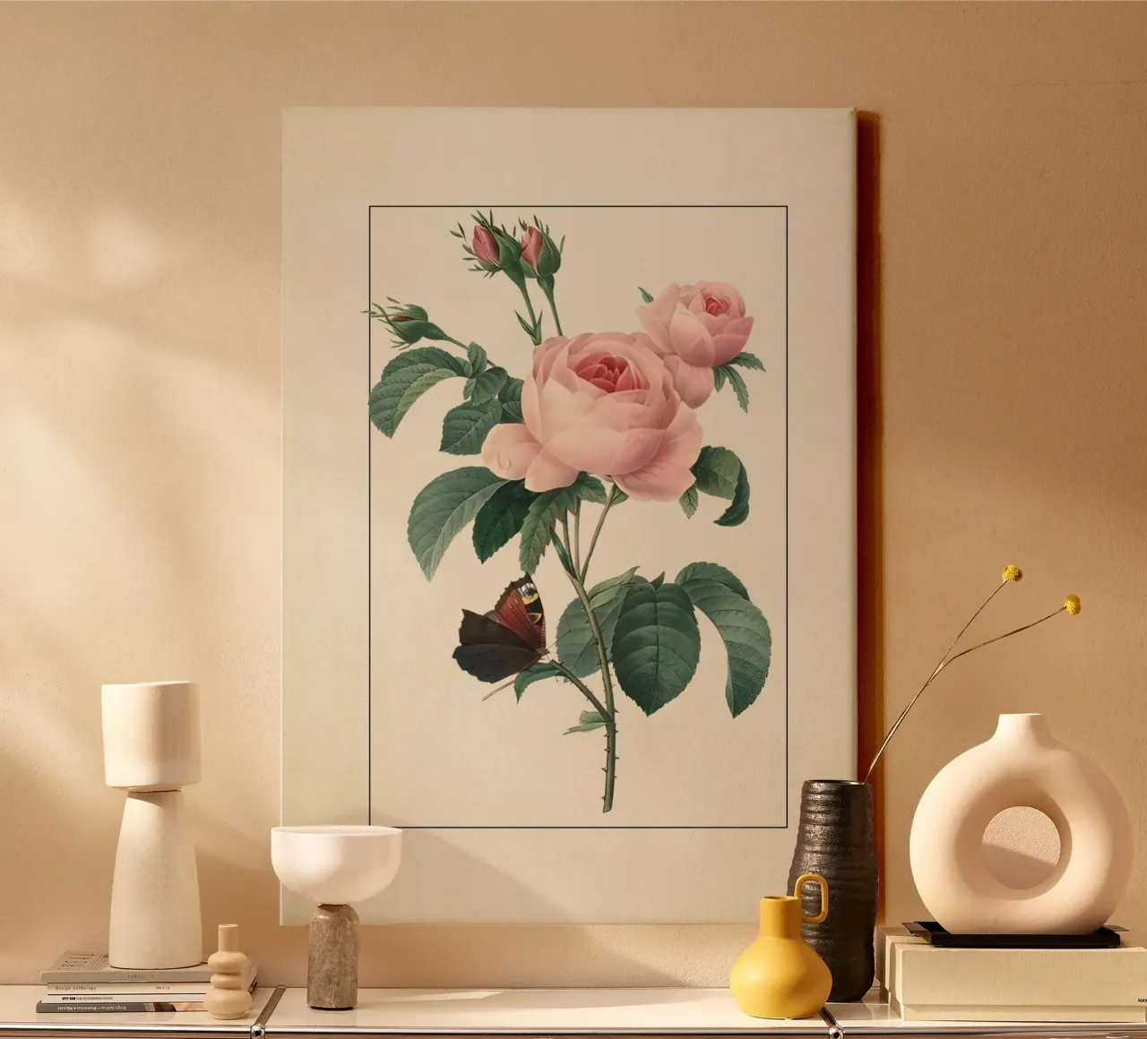 Pierre-Joseph Redouté Rose rosa con farfalla Stampa d'arte tela con Cornice a cassetta da ClubArt