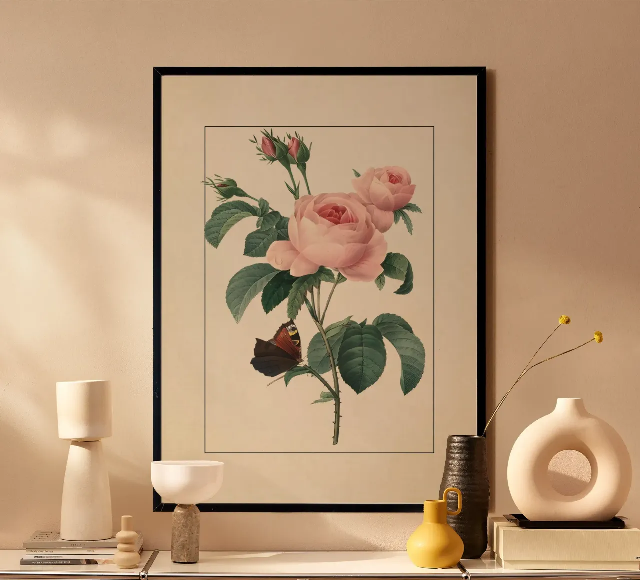 Pierre-Joseph Redouté Rose rosa con farfalla Stampa d'arte carta hahnemühle da ClubArt