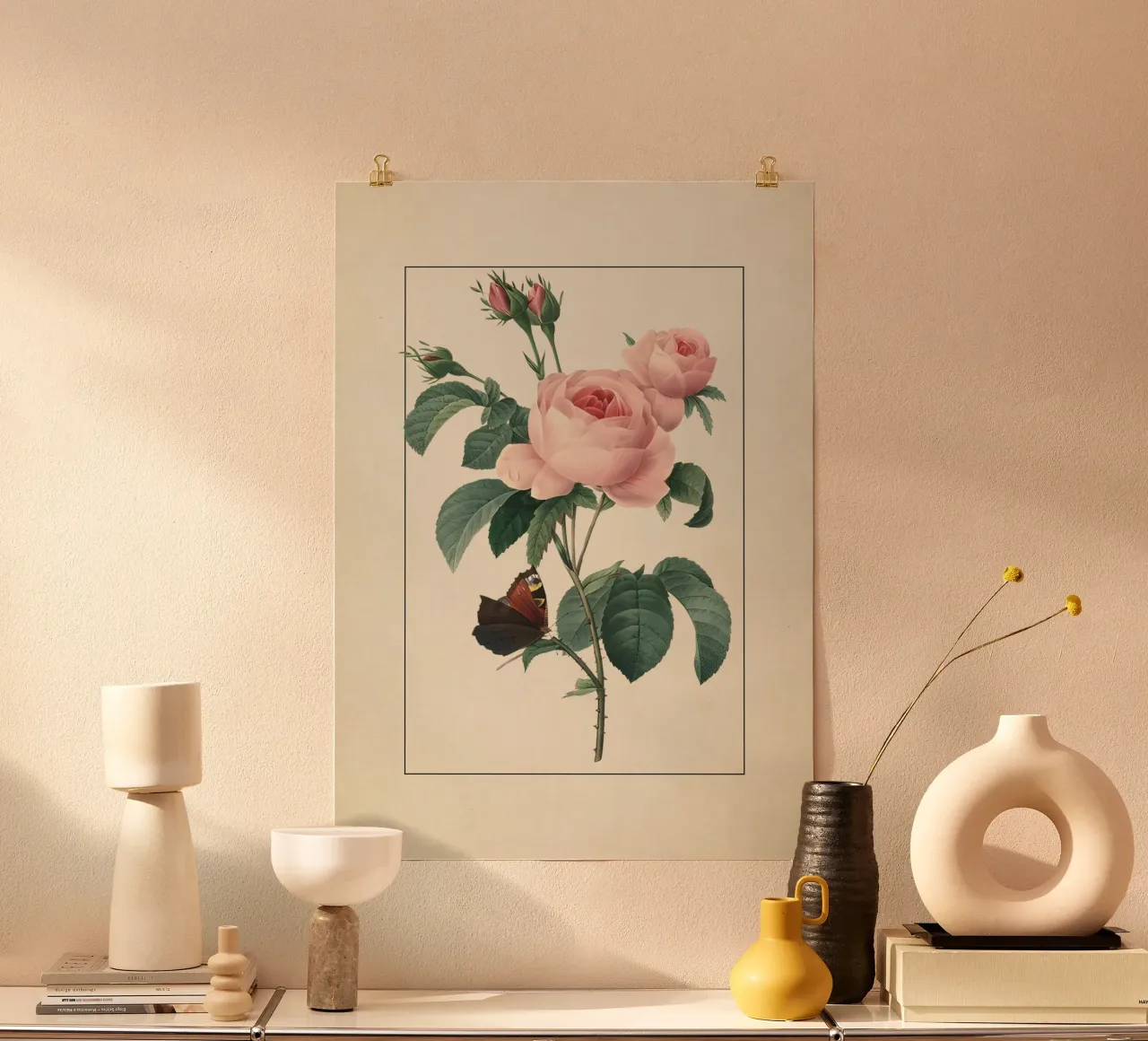 Pierre-Joseph Redouté Rose rosa con farfalla Stampa d'arte carta hahnemühle da ClubArt