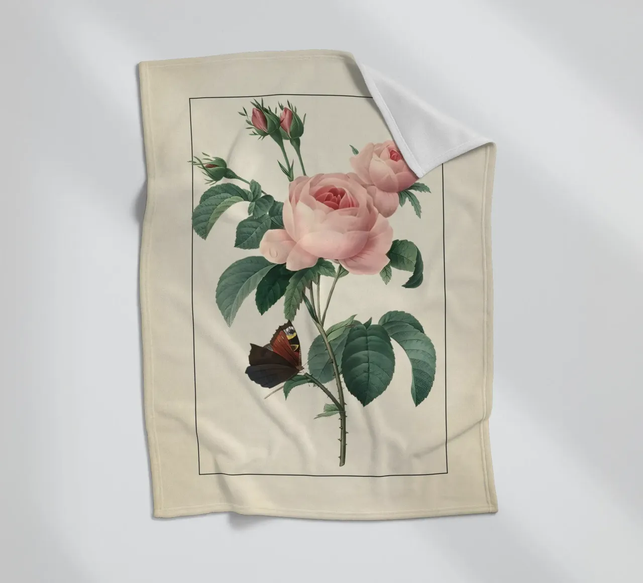 Pierre-Joseph Redouté Rose rosa con farfalla Stampa d'arte coperta in pile da ClubArt