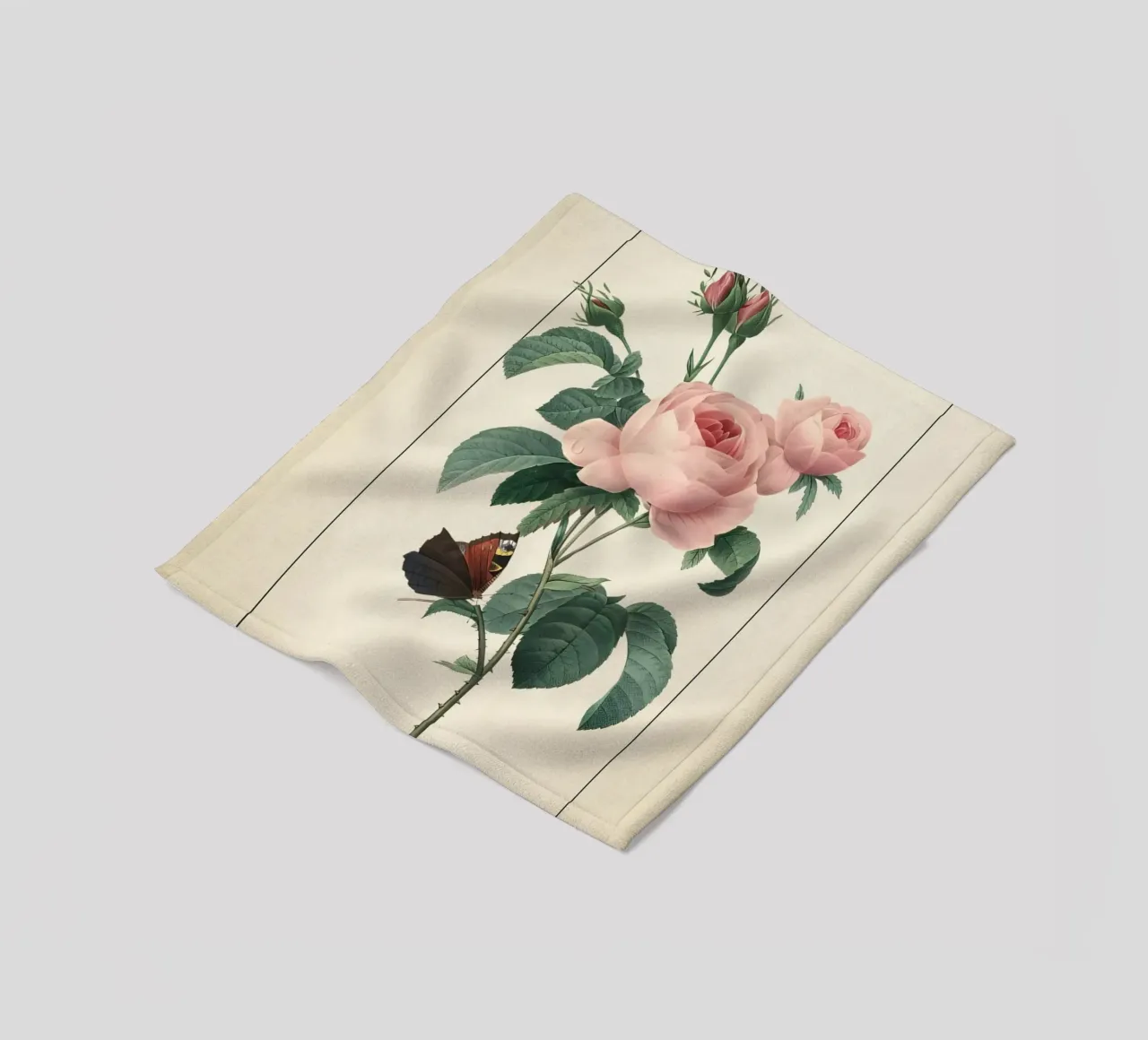 Pierre-Joseph Redouté Rose rosa con farfalla Stampa d'arte coperta in pile da ClubArt