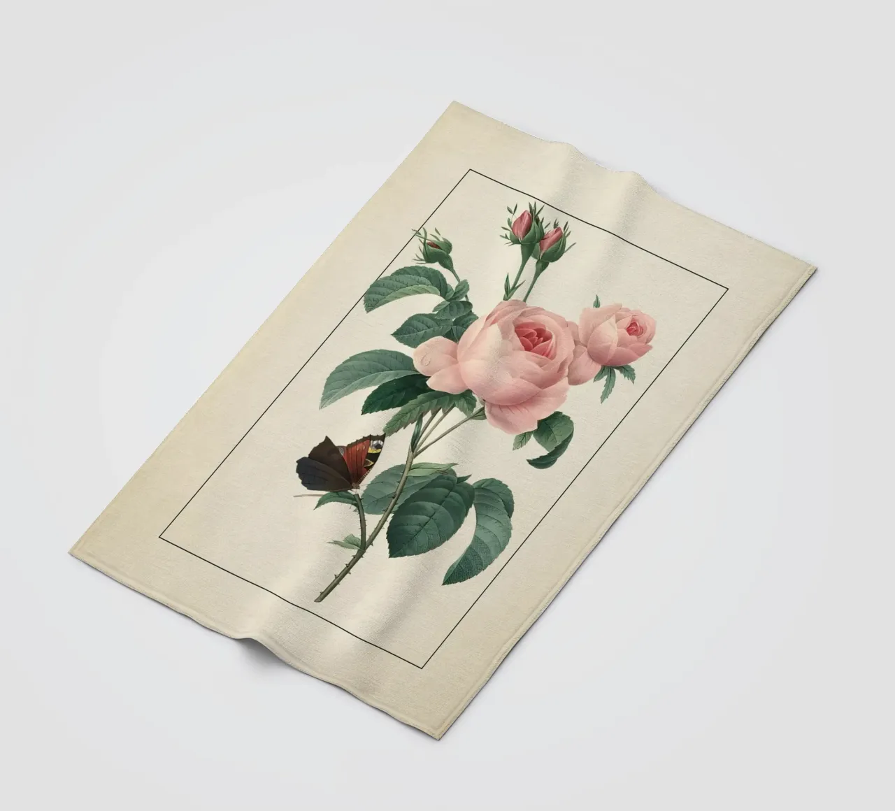 Pierre-Joseph Redouté Rose rosa con farfalla Stampa d'arte coperta in pile da ClubArt