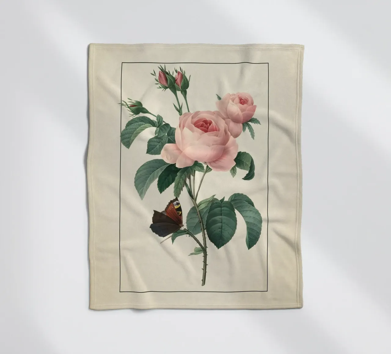 Pierre-Joseph Redouté Rose rosa con farfalla Stampa d'arte coperta in pile da ClubArt