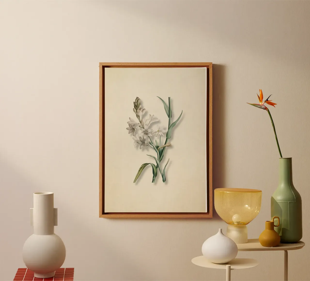 Botanische print van tuberoos - Wit bloemsierkunst canvas met Baklijst van ClubArt