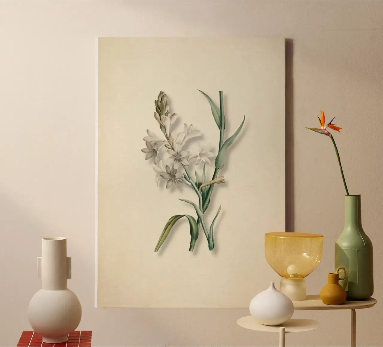 Botanische print van tuberoos - Wit bloemsierkunst canvas met Baklijst van ClubArt