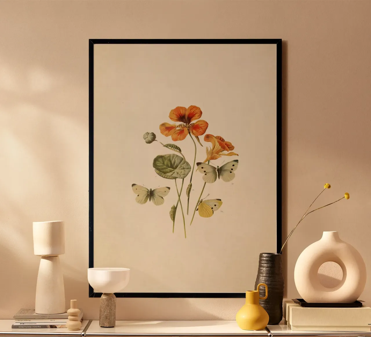 Stampa botanica vintage "Nasturtium & Butterflies" - Natura Ar poster con telaio in plastica da ClubArt