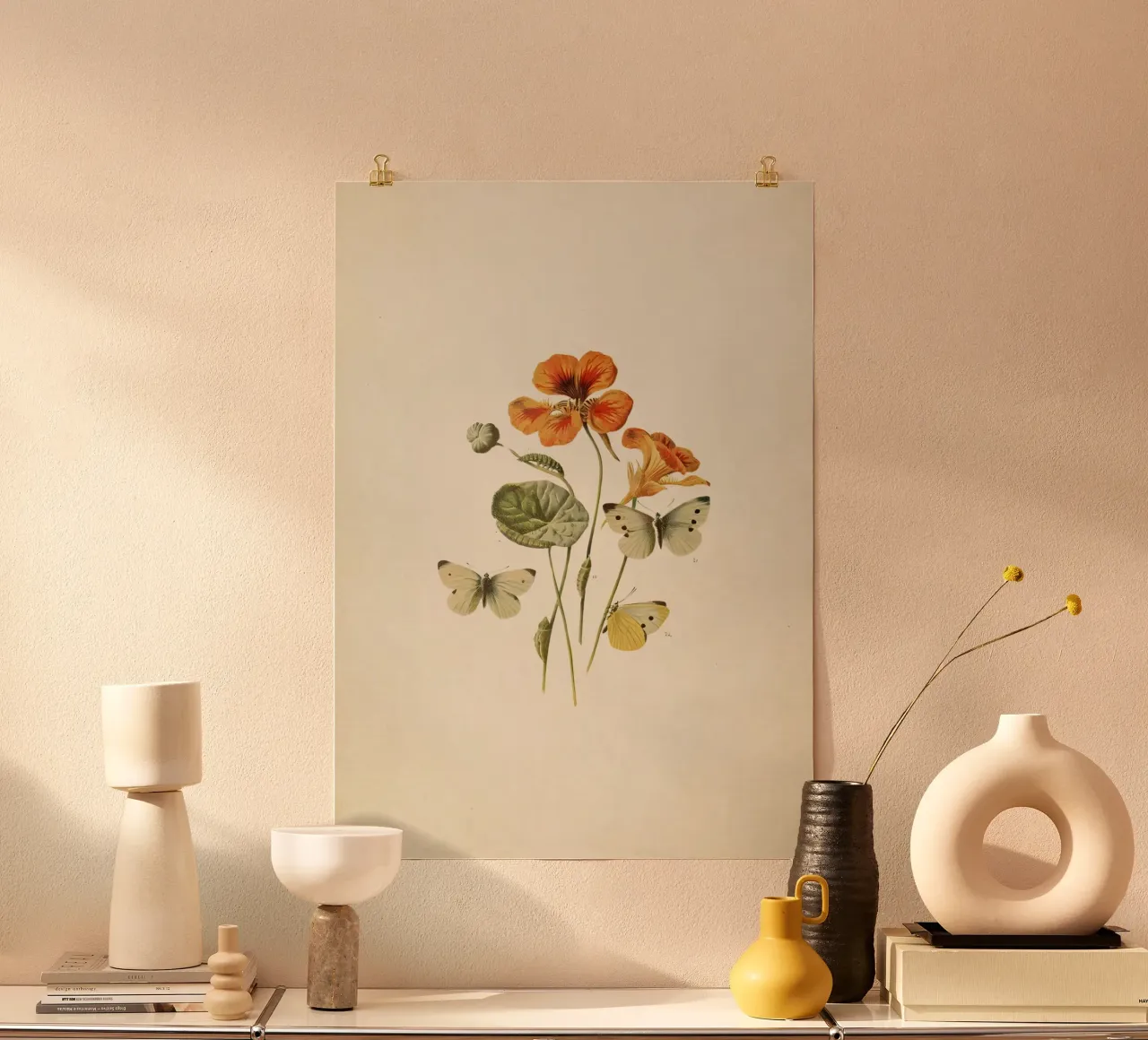 Stampa botanica vintage "Nasturtium & Butterflies" - Natura Ar poster con telaio in plastica da ClubArt