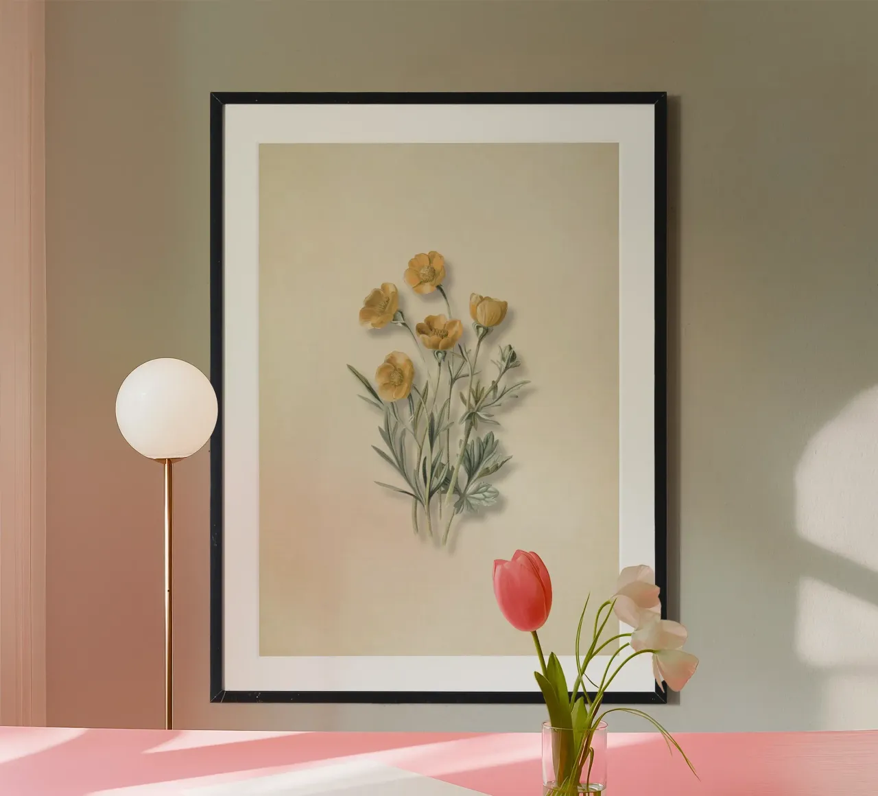 Vintage Buttercup Cluster Print - Gele Wildebloemen Kunst poster met kunststof frame van ClubArt