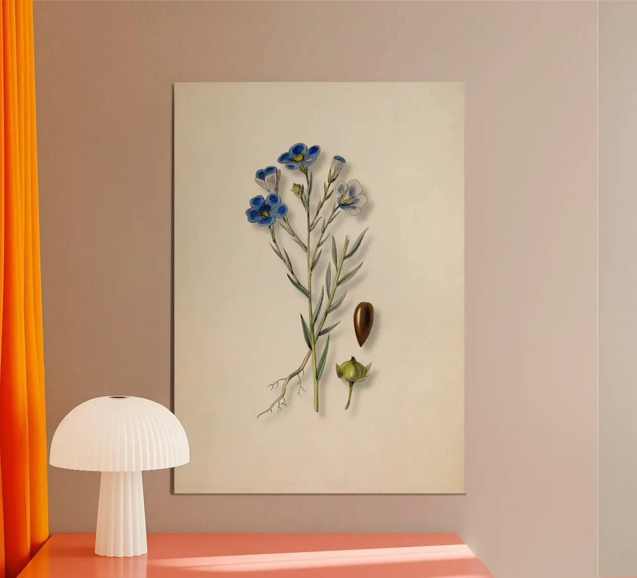 Vintage Blue Flax Botanical Print - Seed & Root Nature Art poster with wooden frame by ClubArt