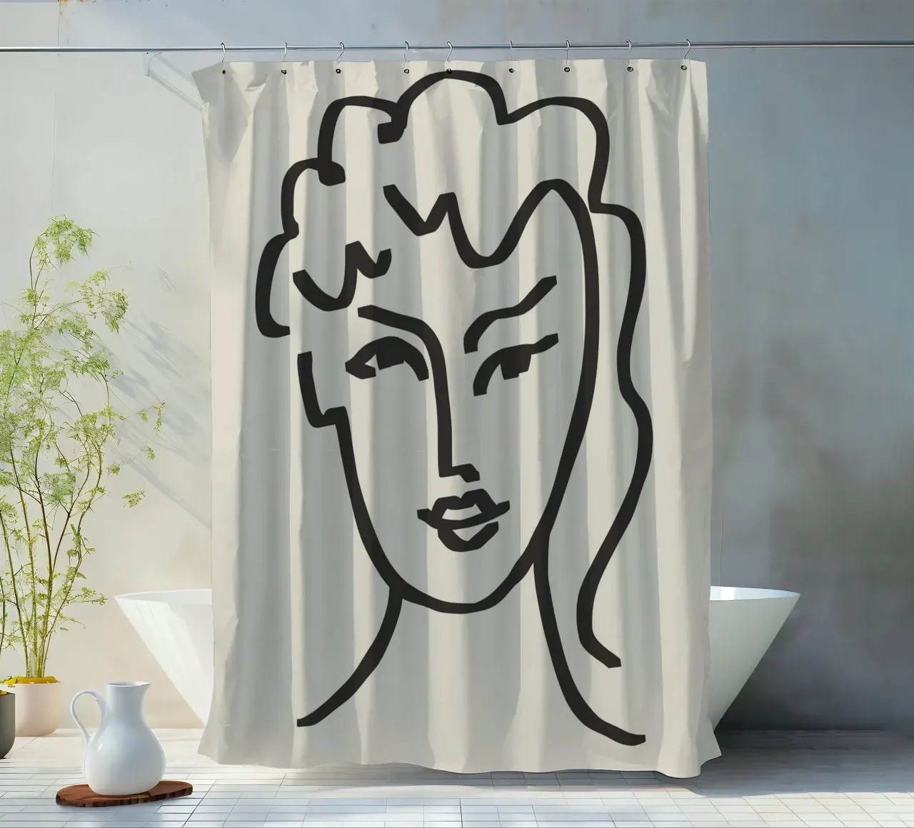 Line art candid portrait shower curtain by Little Dean