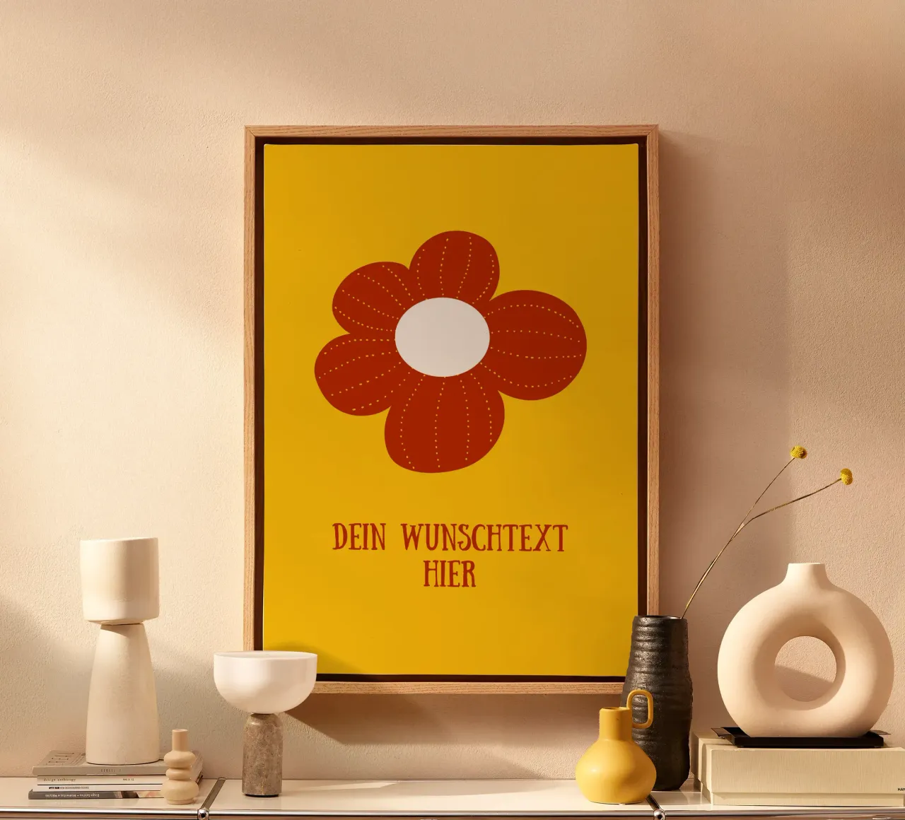 Retro Blume auf senfgelb mit Wunschtext tela con Cornice a cassetta da BAINAI