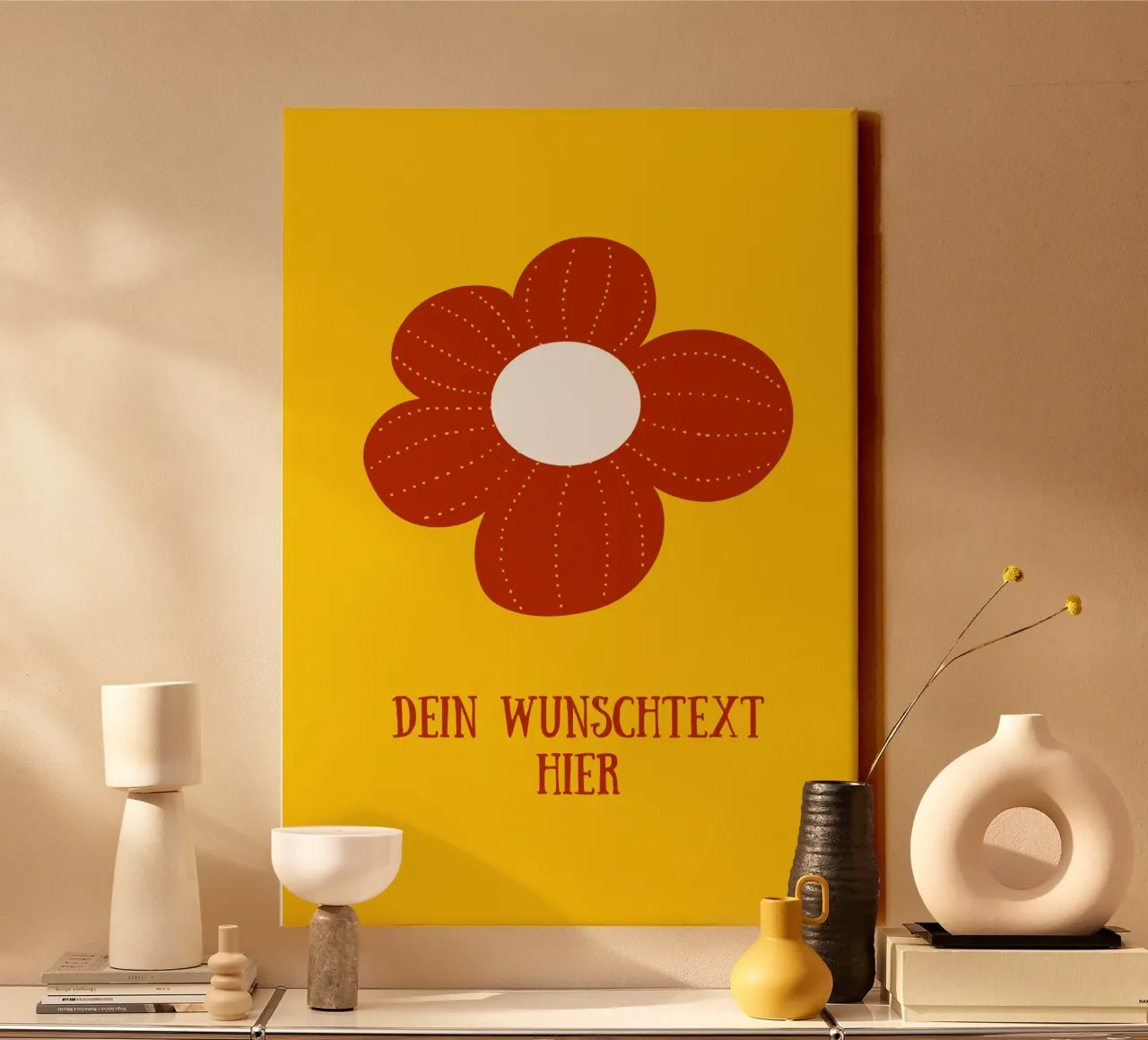 Retro Blume auf senfgelb mit Wunschtext tela con Cornice a cassetta da BAINAI