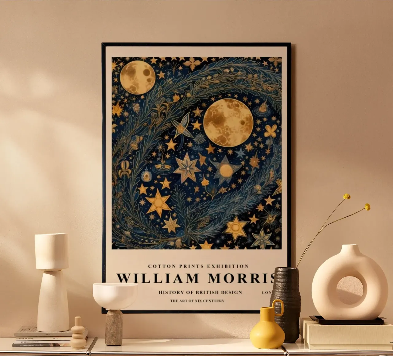 luna piena tema cosmico arte decorativa william morris poster con telaio in alluminio da komo store