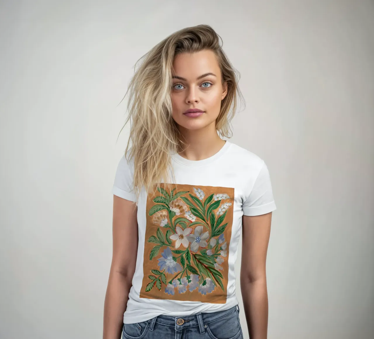 Painterly Earthen flowers women's fitted t-shirt by Nikitajariwala
