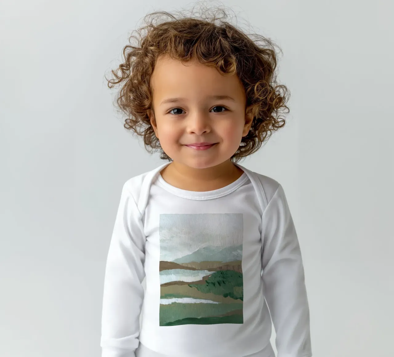 Green Painterly Landcape long-sleeve baby romper by Nikitajariwala