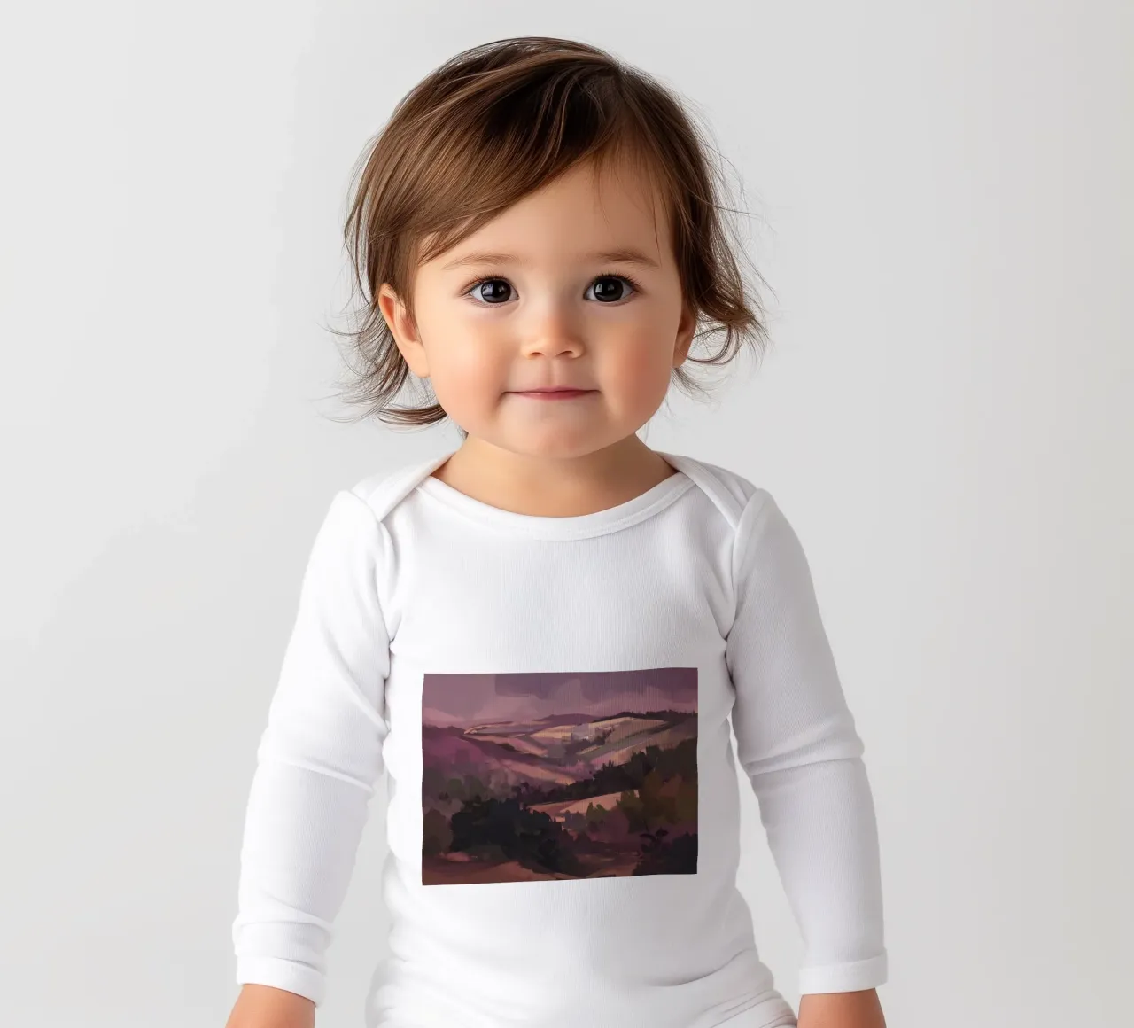 Twilight Mountain Haze long-sleeve baby romper by Radiance Landscape