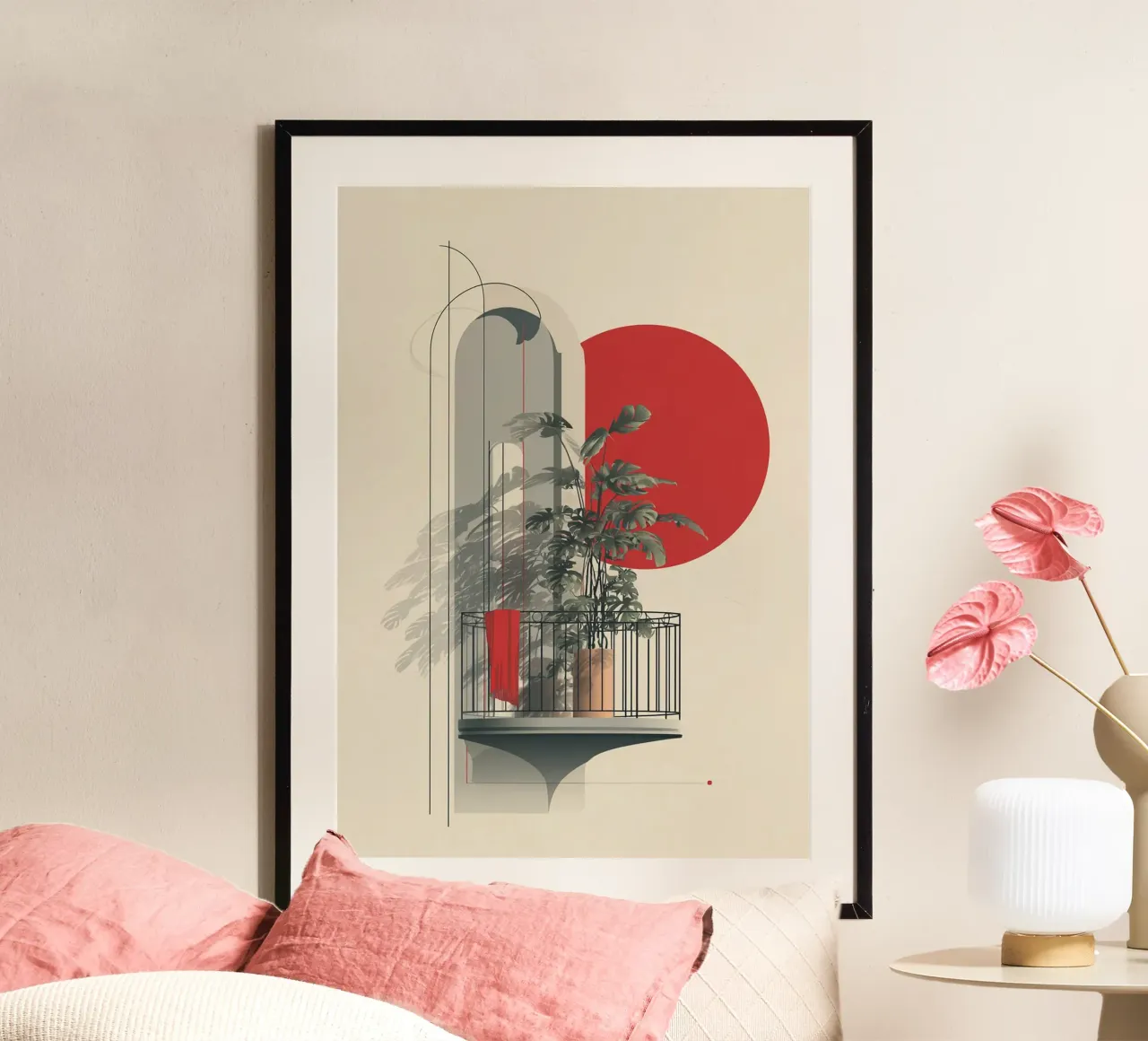 Modern Balcony with Red Tapestry carta hahnemühle da michi
