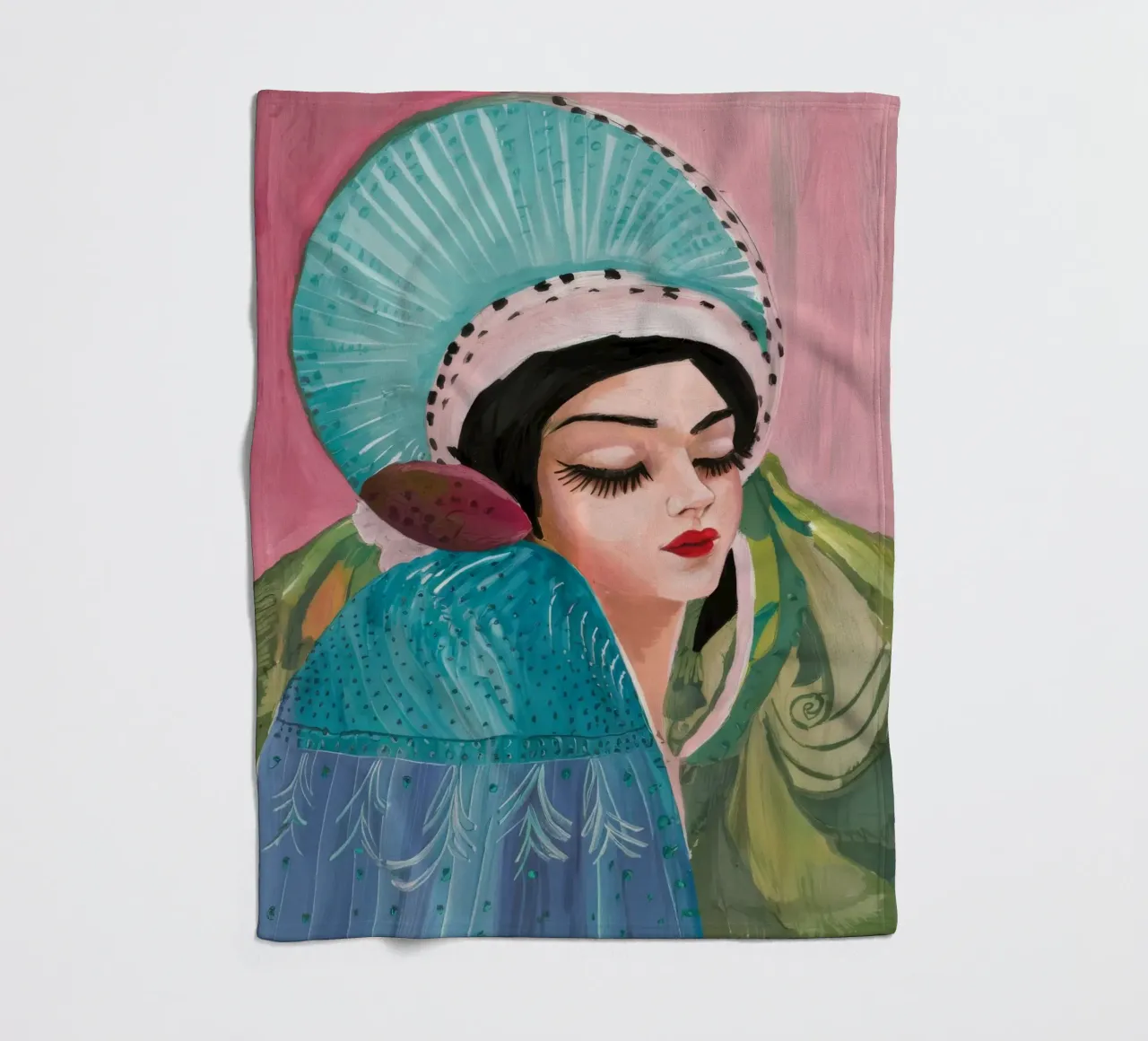 Teal Bloom Crimson fleece blanket by Vivid Reverie