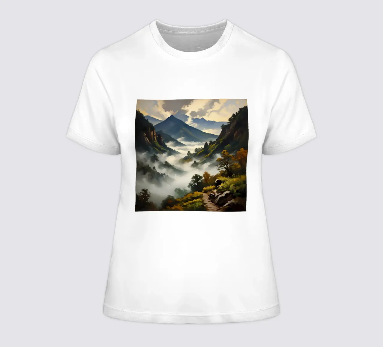 Mist-Covered Mountains women's fitted t-shirt by Earthly Visions