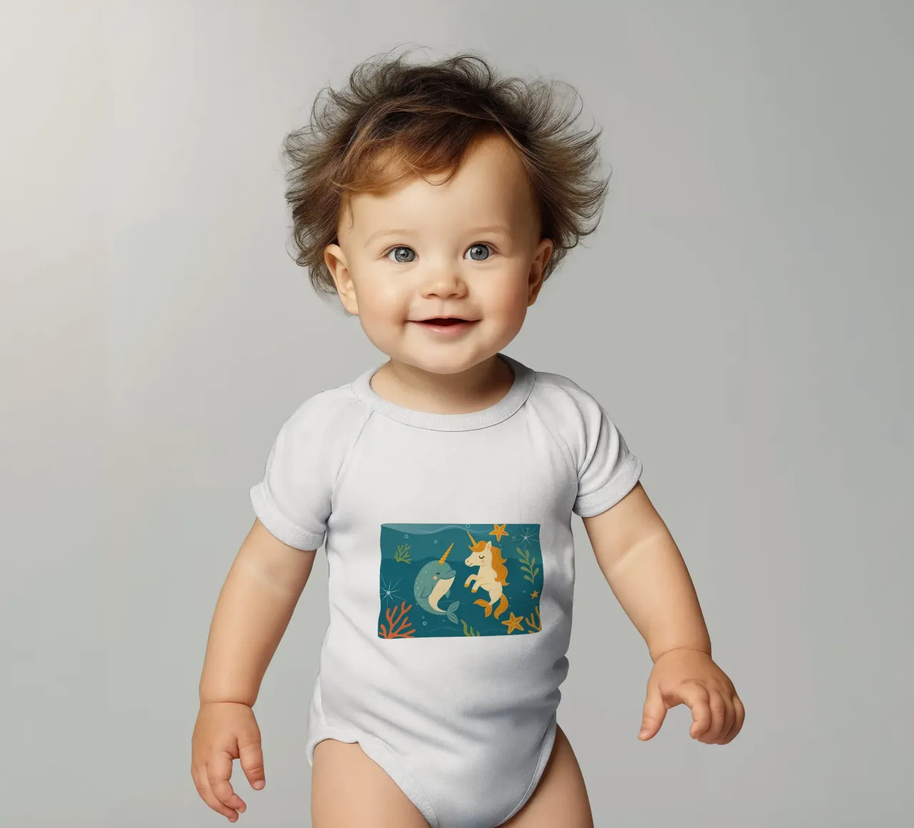 Une douce licorne des mers et un joyeux narval body bébé de namosh