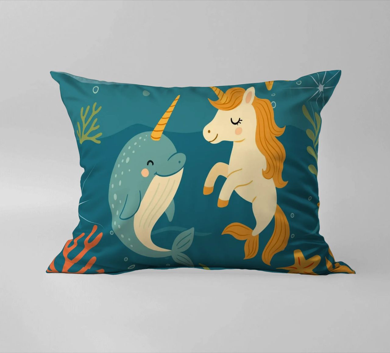 Une douce licorne des mers et un joyeux narval coussin de namosh