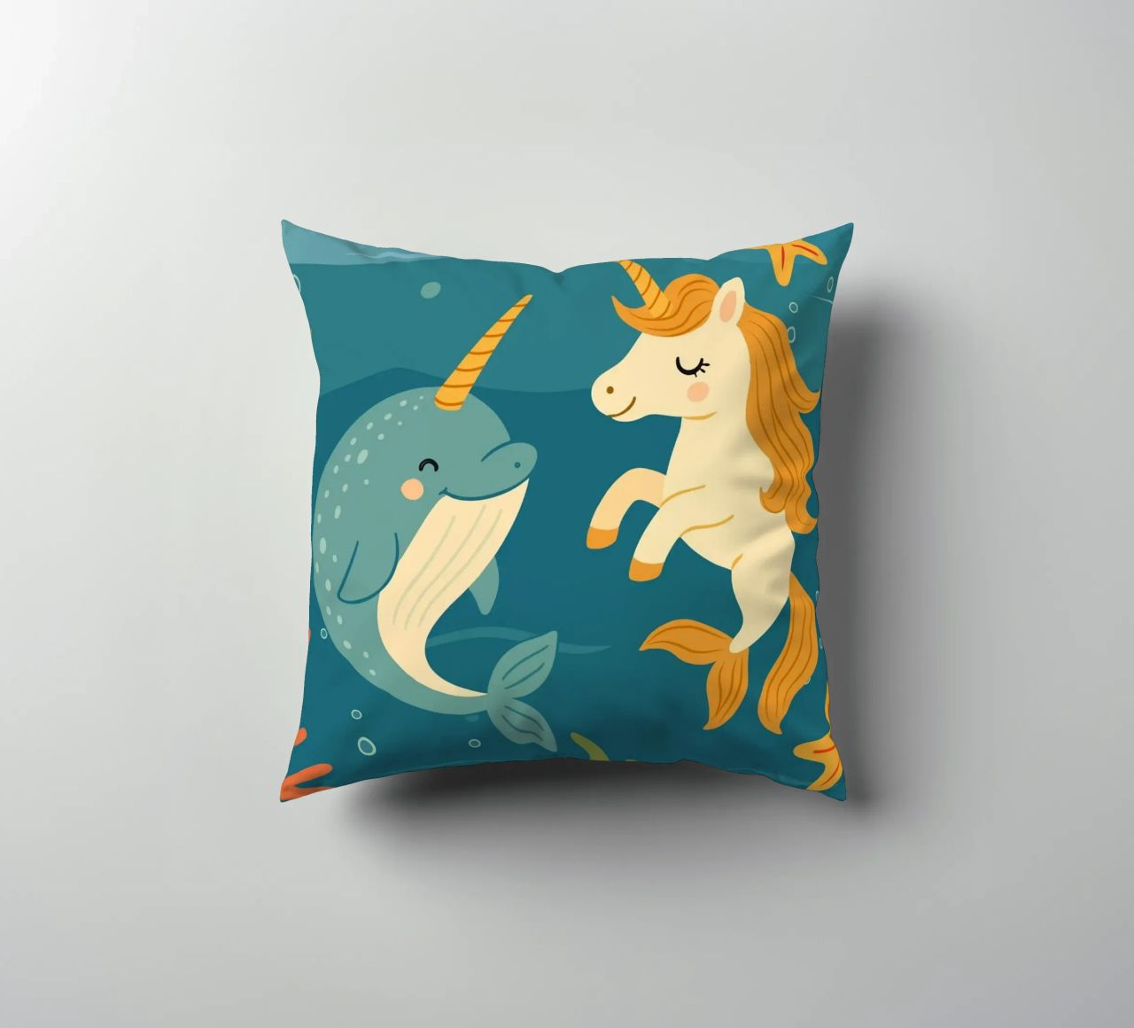 Une douce licorne des mers et un joyeux narval coussin de namosh
