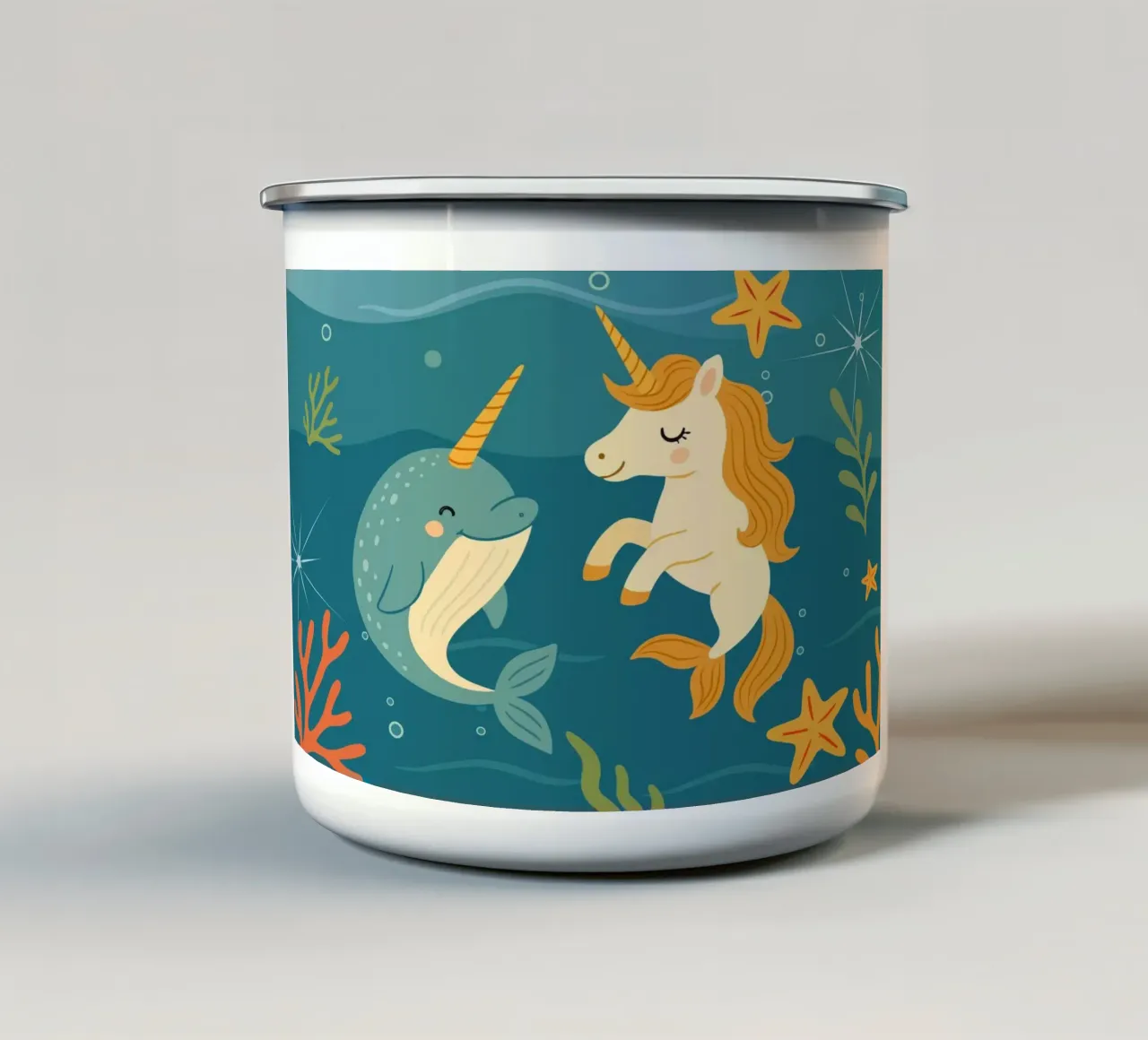 Une douce licorne des mers et un joyeux narval mug en émail de namosh