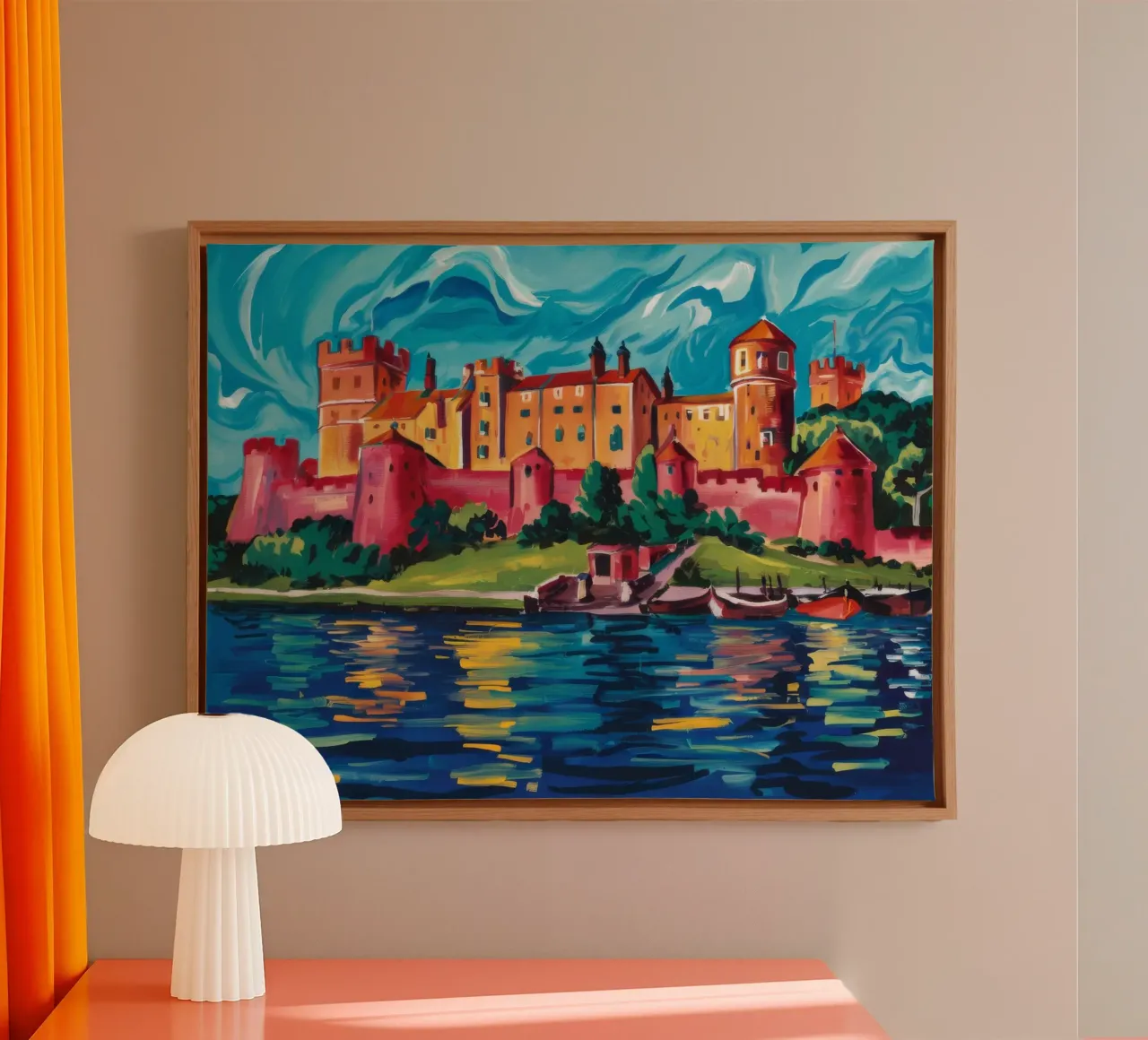 Kasteel aan het meer Reflectie canvas met Baklijst van Lush Essence