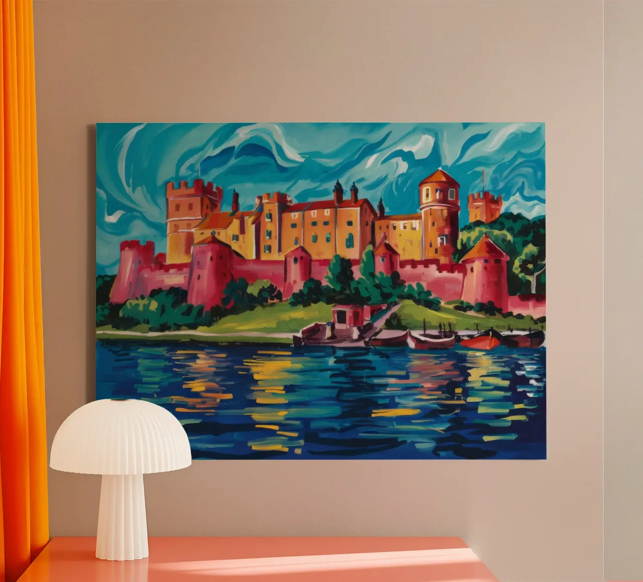 Kasteel aan het meer Reflectie canvas met Baklijst van Lush Essence