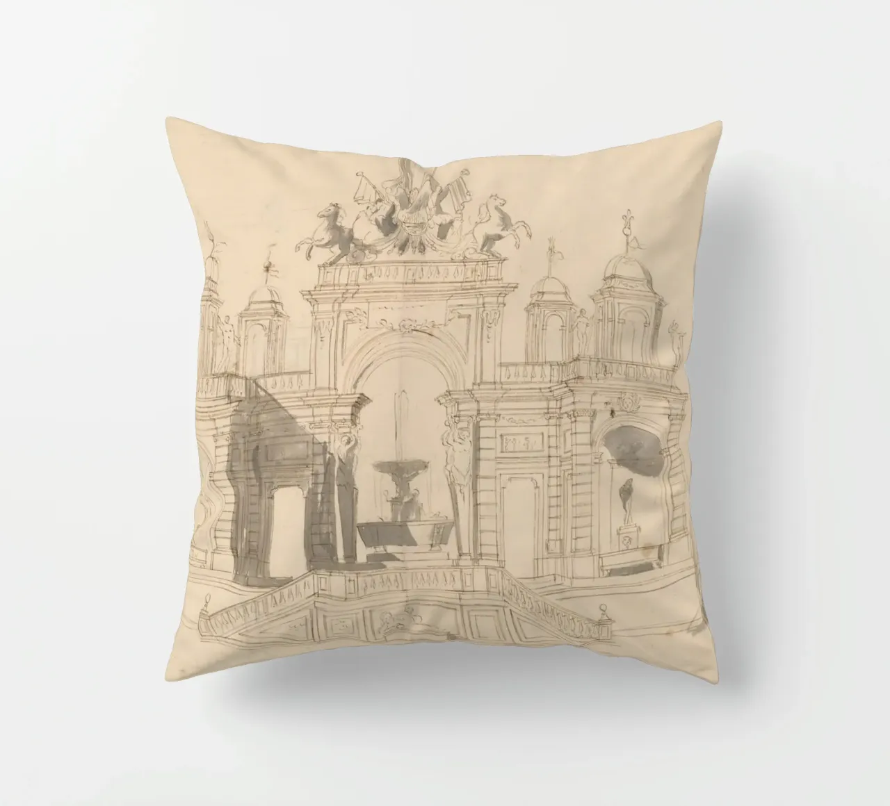 Schizzo di fontana d'epoca - Disegno architettonico classico cuscino da ClubArt