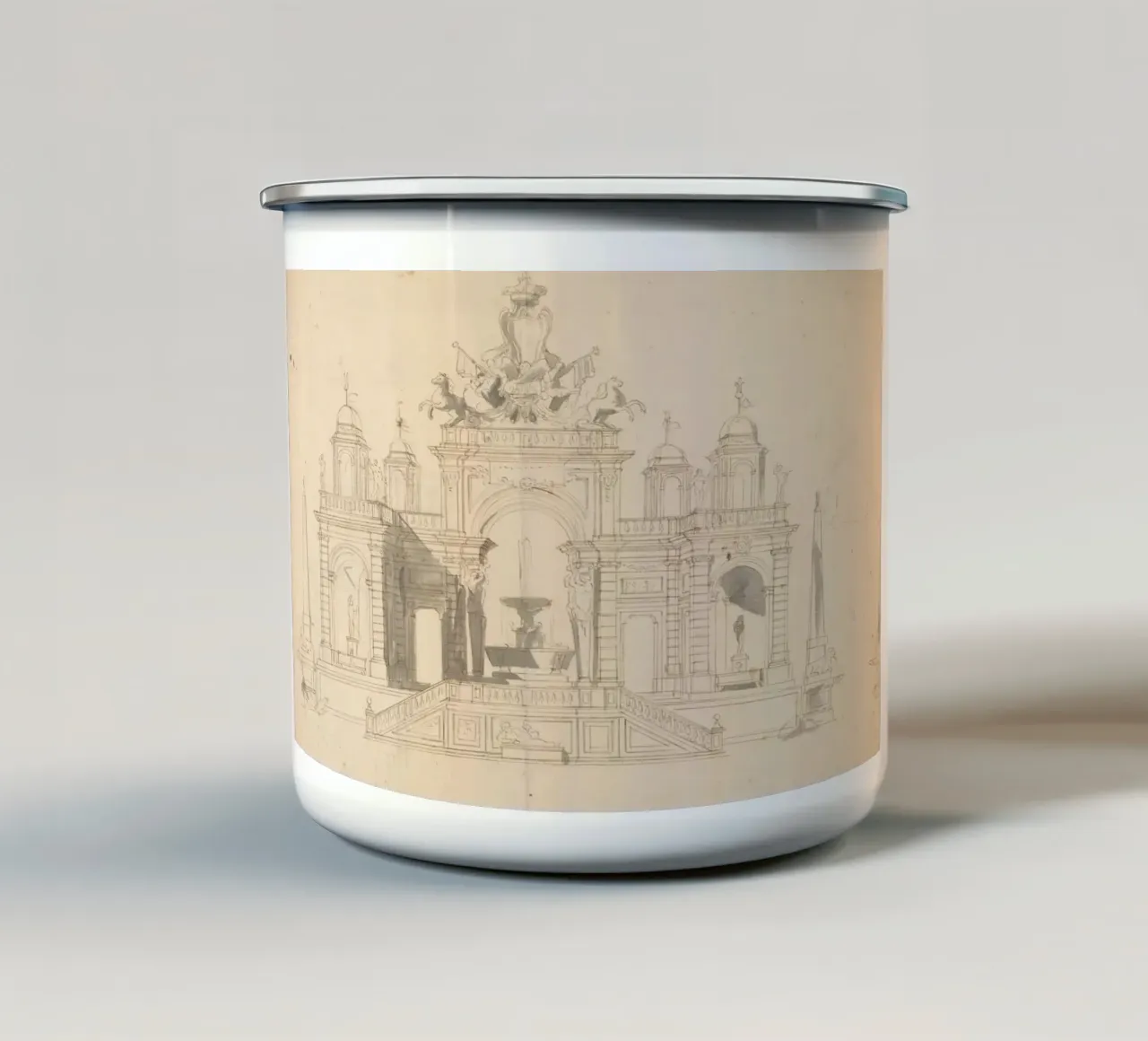Schizzo di fontana d'epoca - Disegno architettonico classico tazza in smalto da ClubArt