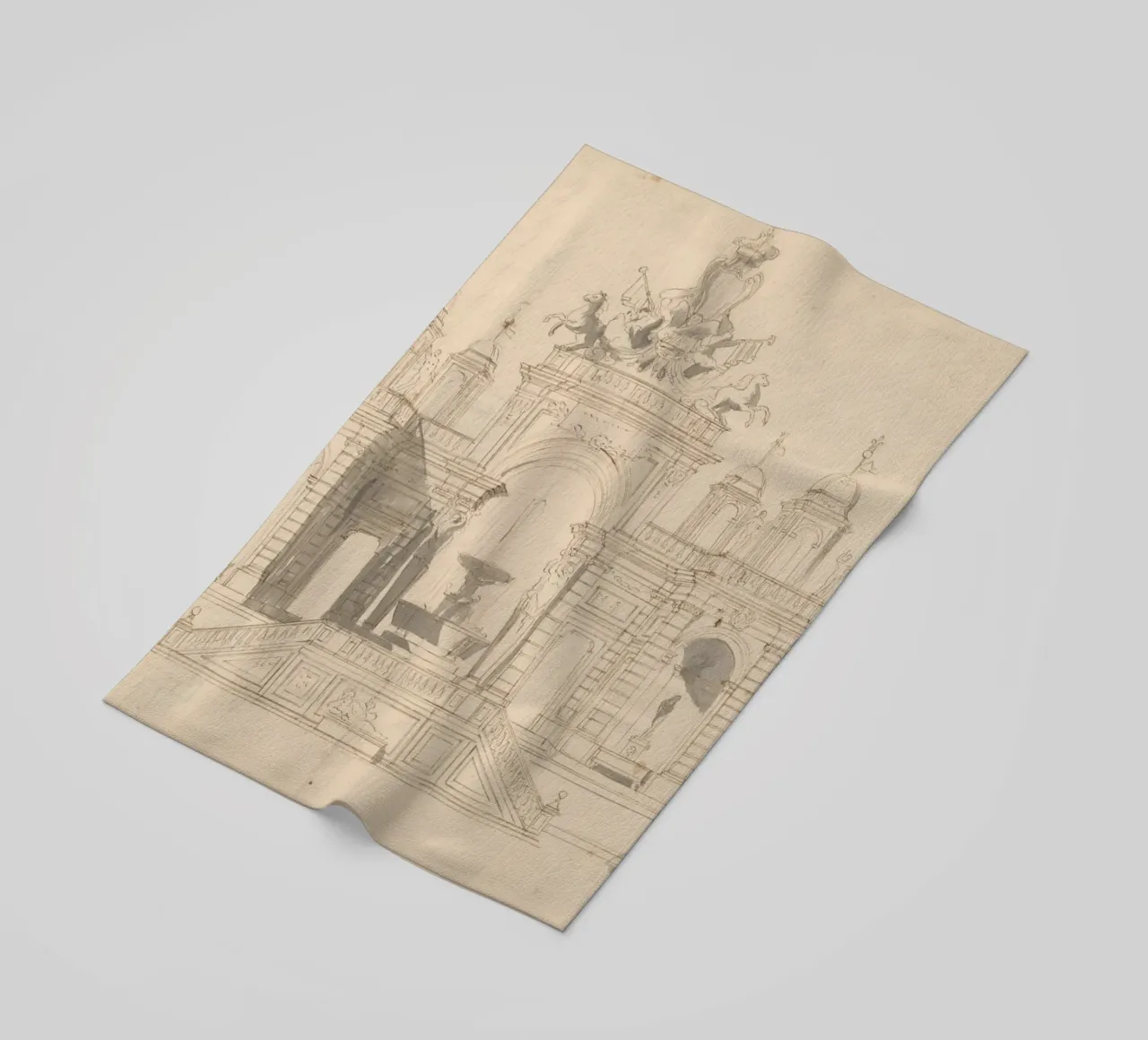 Schizzo di fontana d'epoca - Disegno architettonico classico telo mare da ClubArt