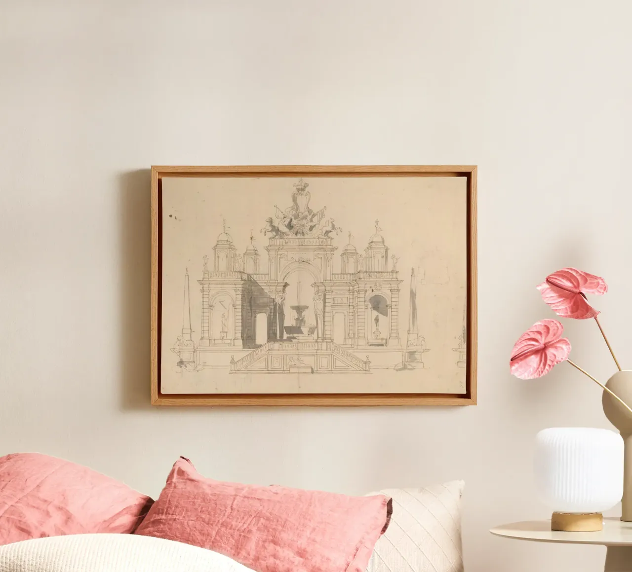 Vintage Fountain Sketch - Classical Architectural Drawing canvas with Floater frame by ClubArt