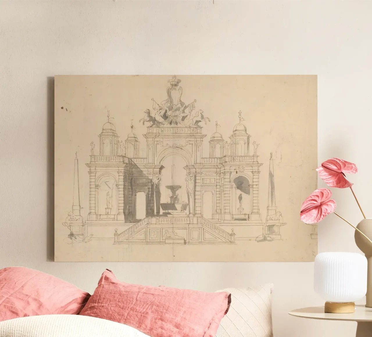Vintage Fountain Sketch - Classical Architectural Drawing canvas with Floater frame by ClubArt