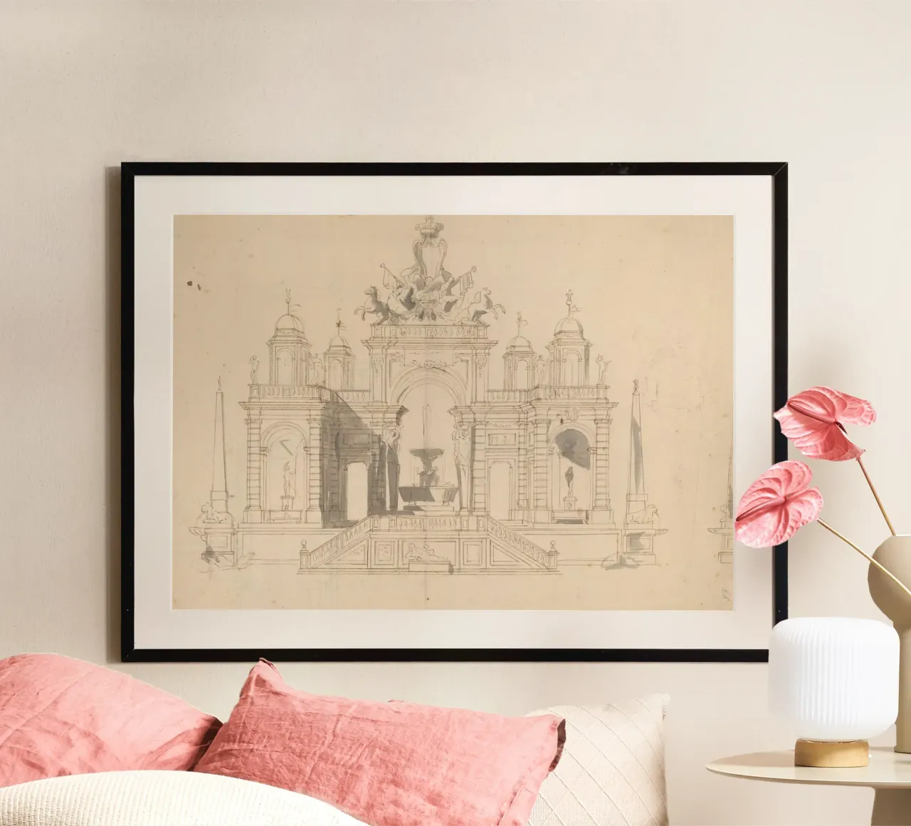 Schizzo di fontana d'epoca - Disegno architettonico classico poster con telaio in legno da ClubArt